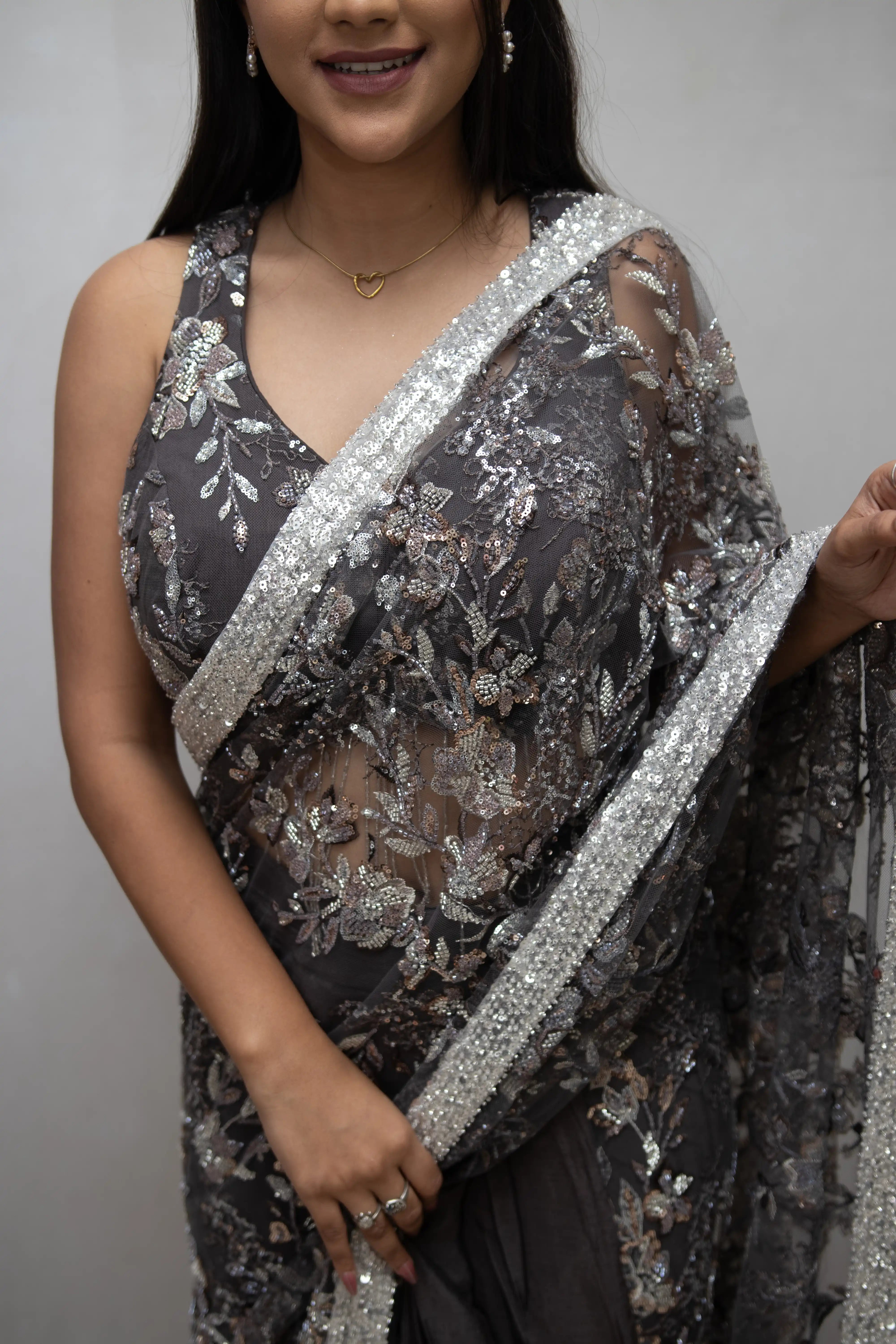 Grey Floral Sequin Saree