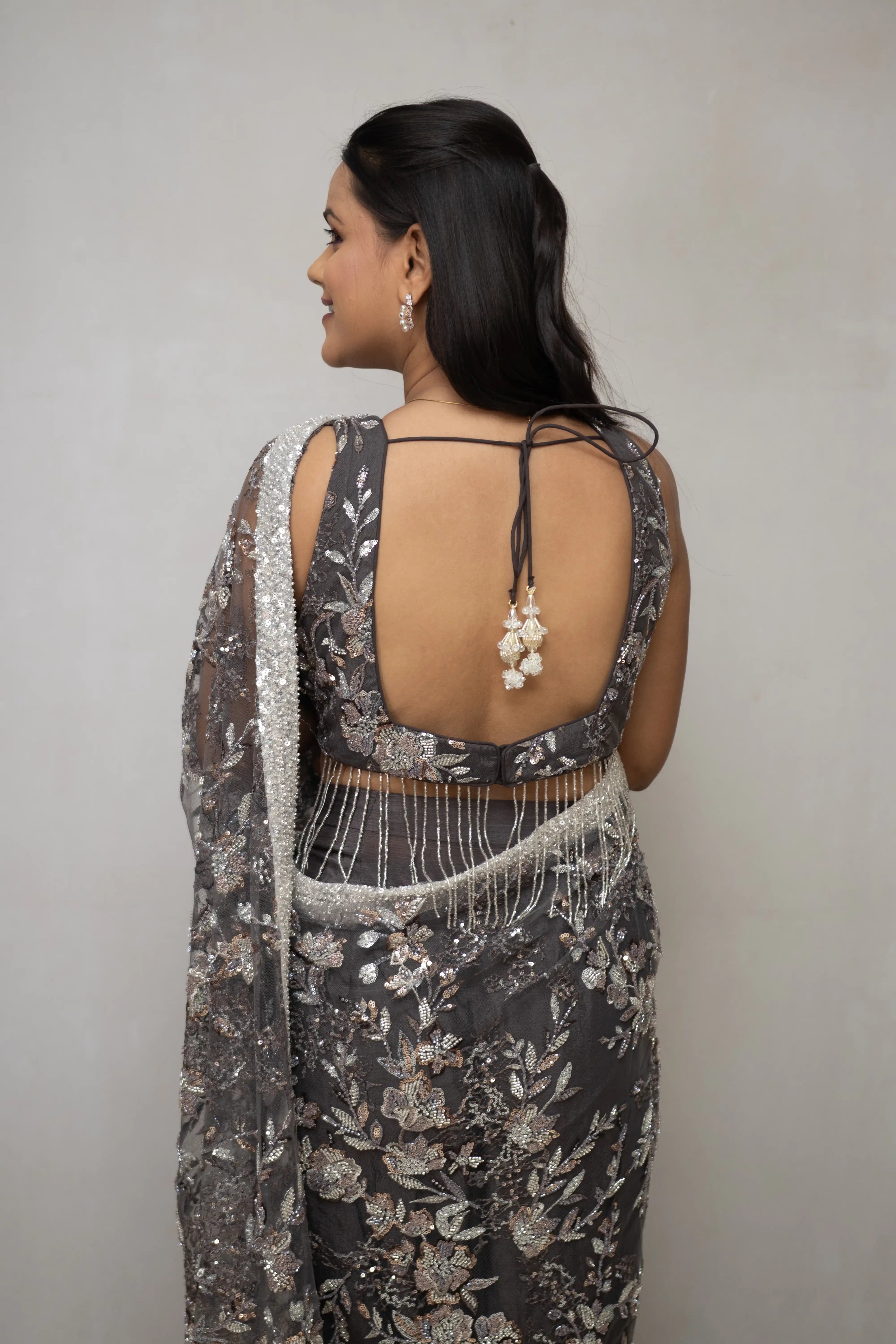 Grey Floral Sequin Saree