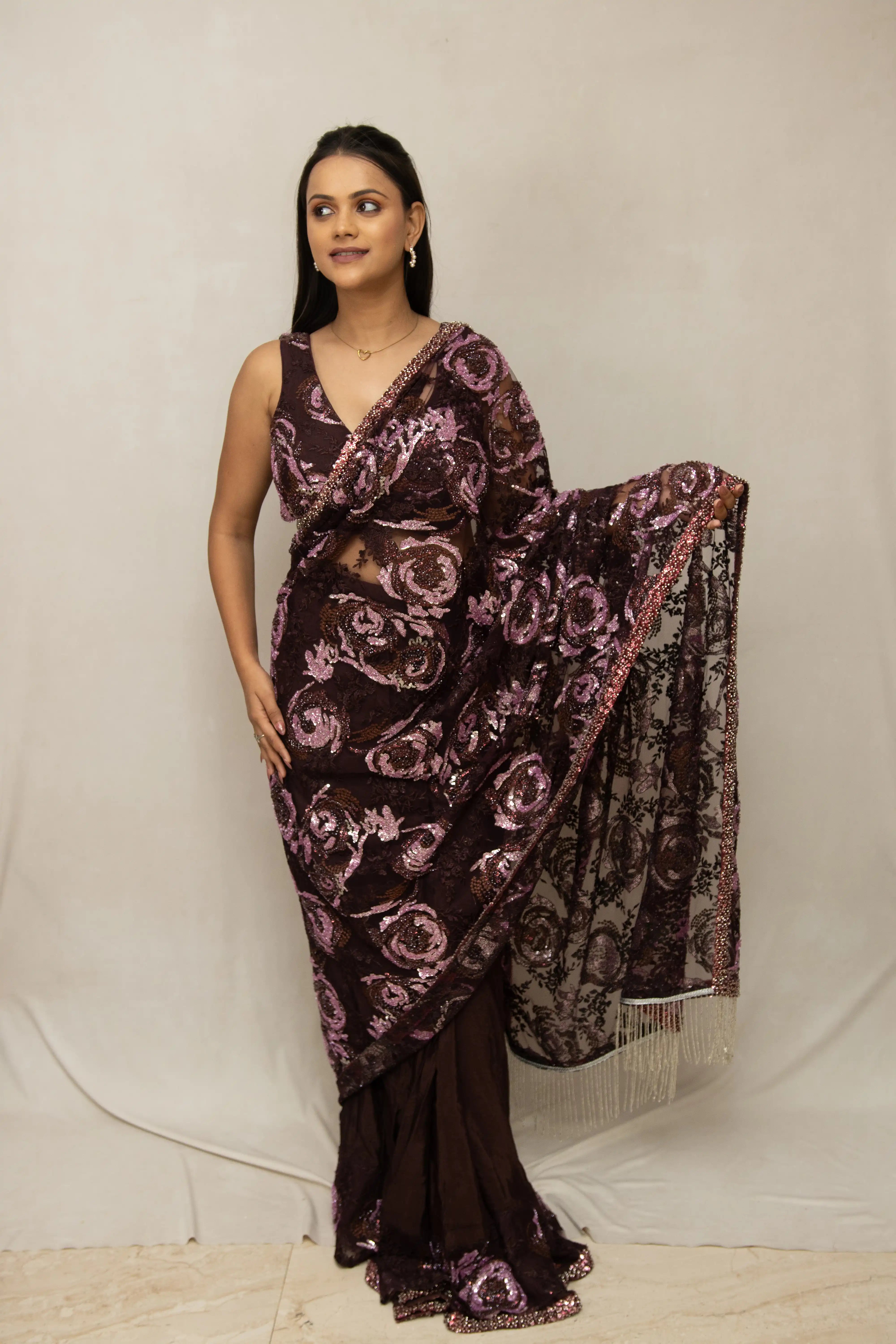 Wine Embroidered Sequin Saree