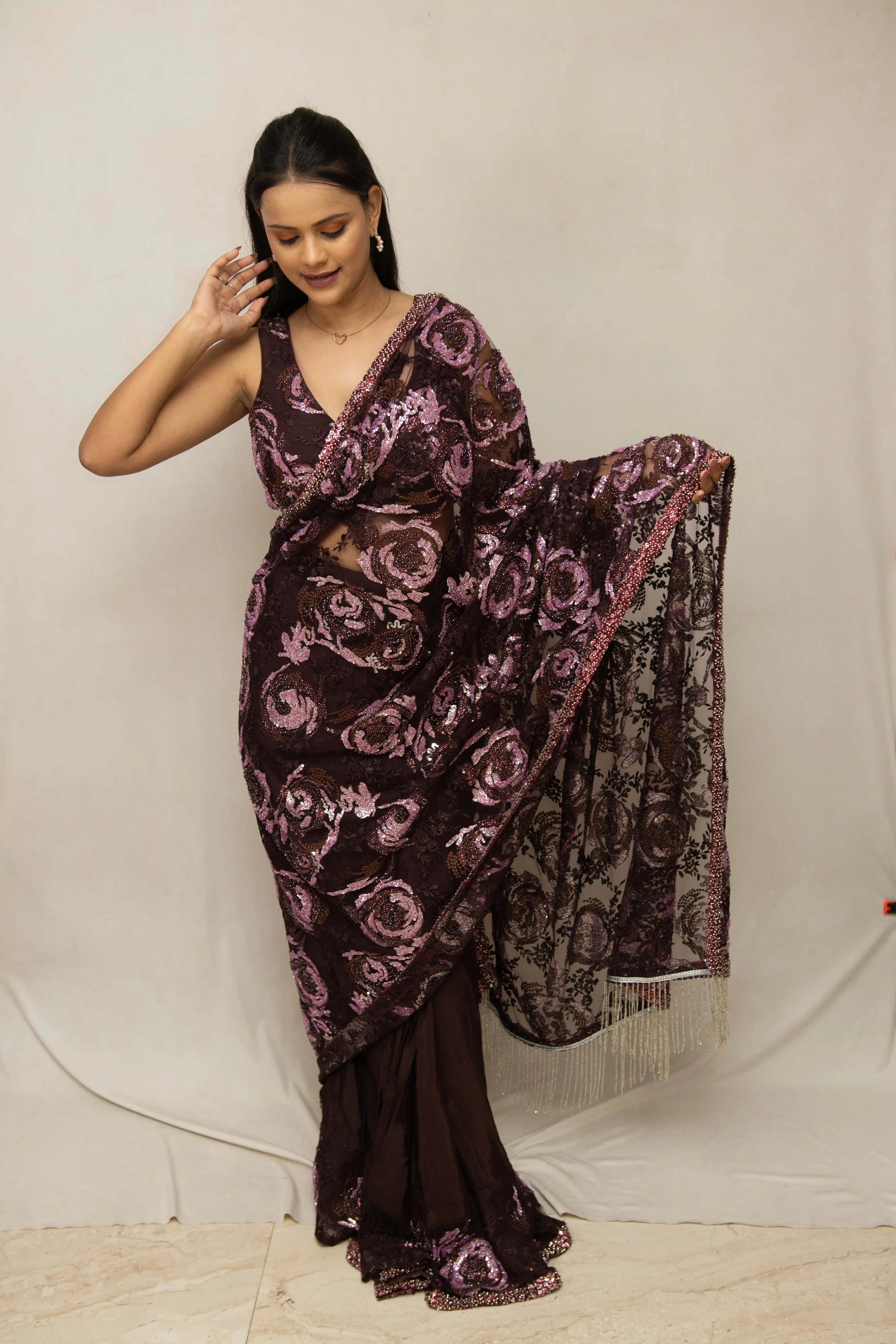 Wine Embroidered Sequin Saree
