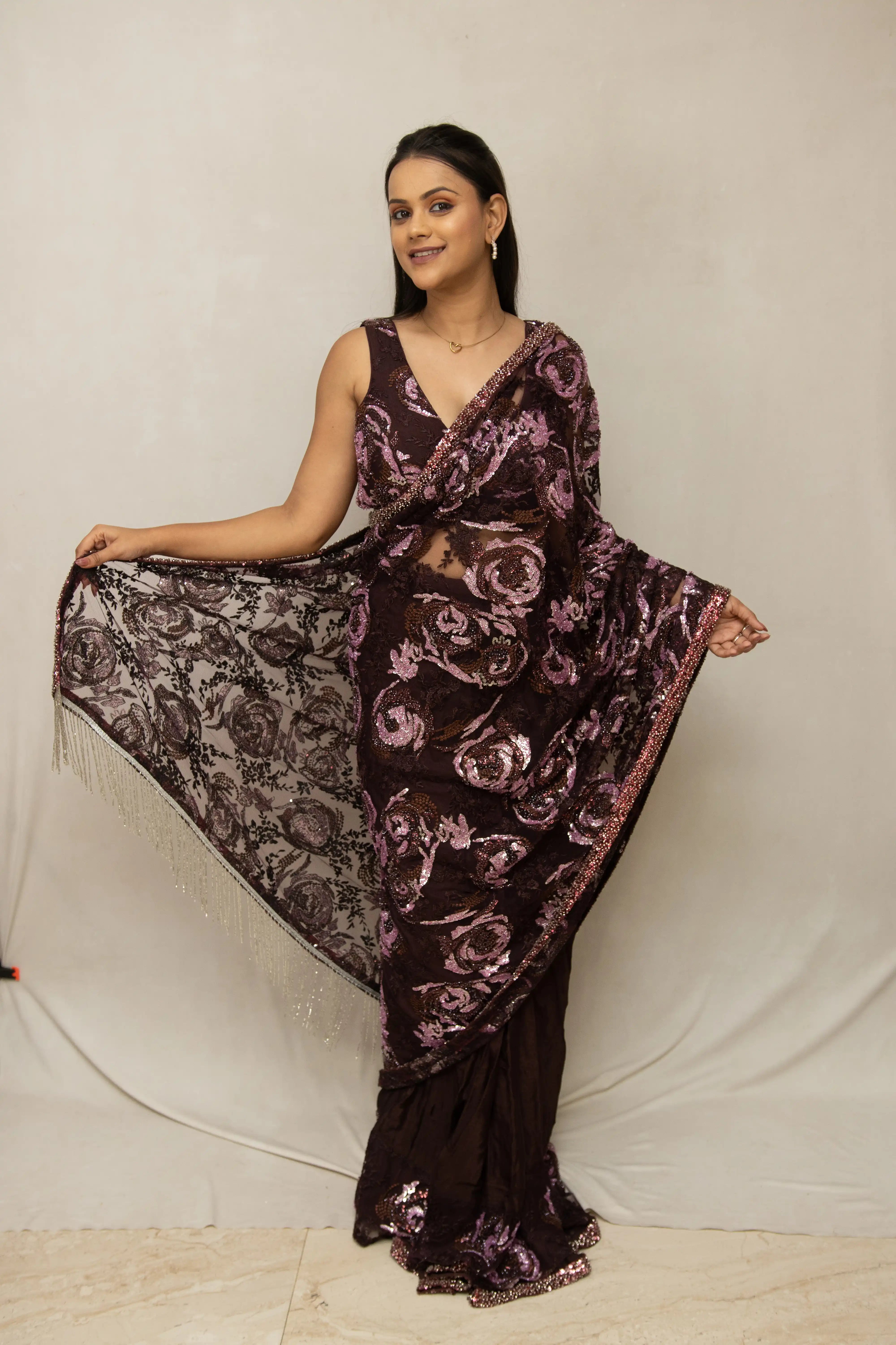 Wine Embroidered Sequin Saree