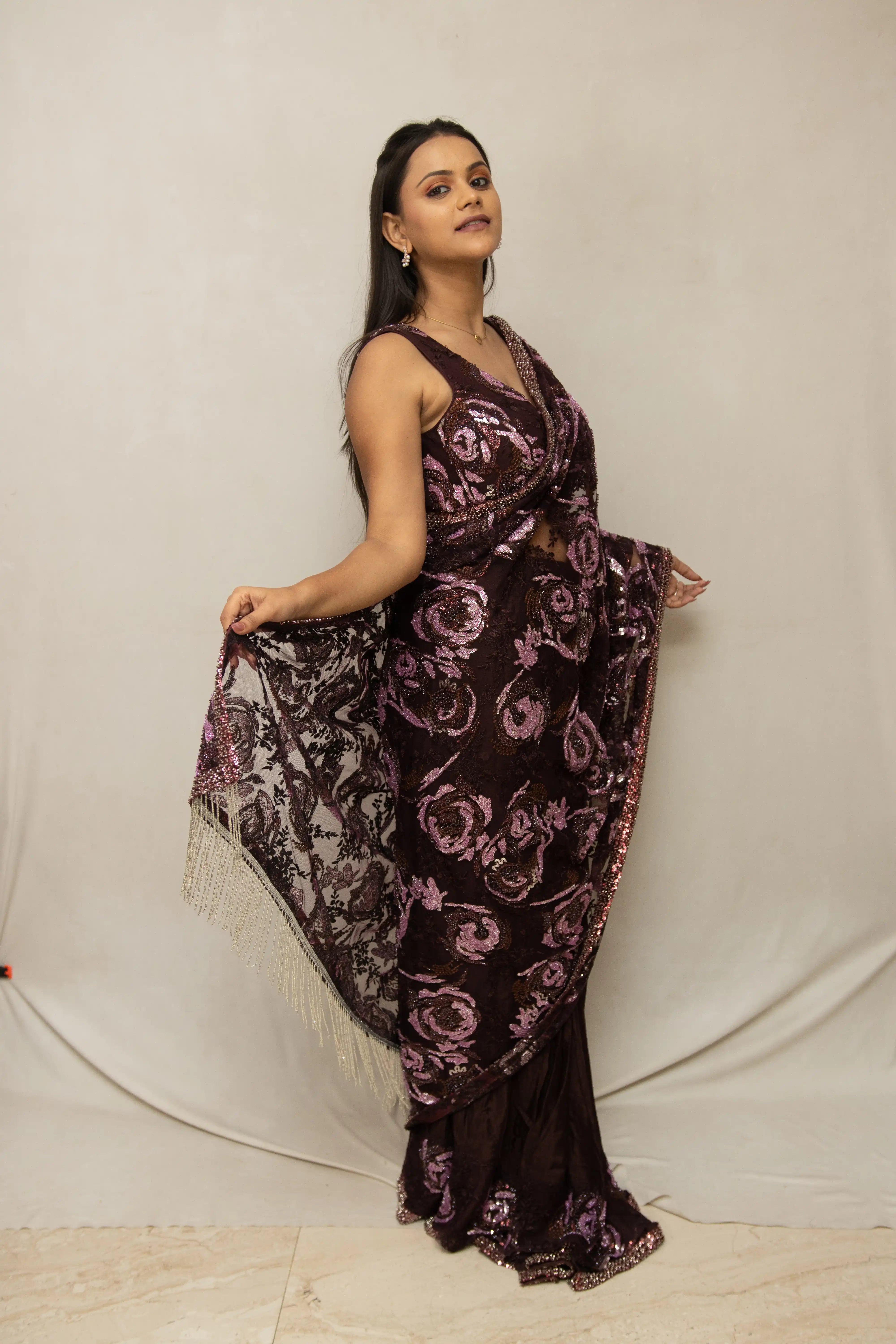 Wine Embroidered Sequin Saree