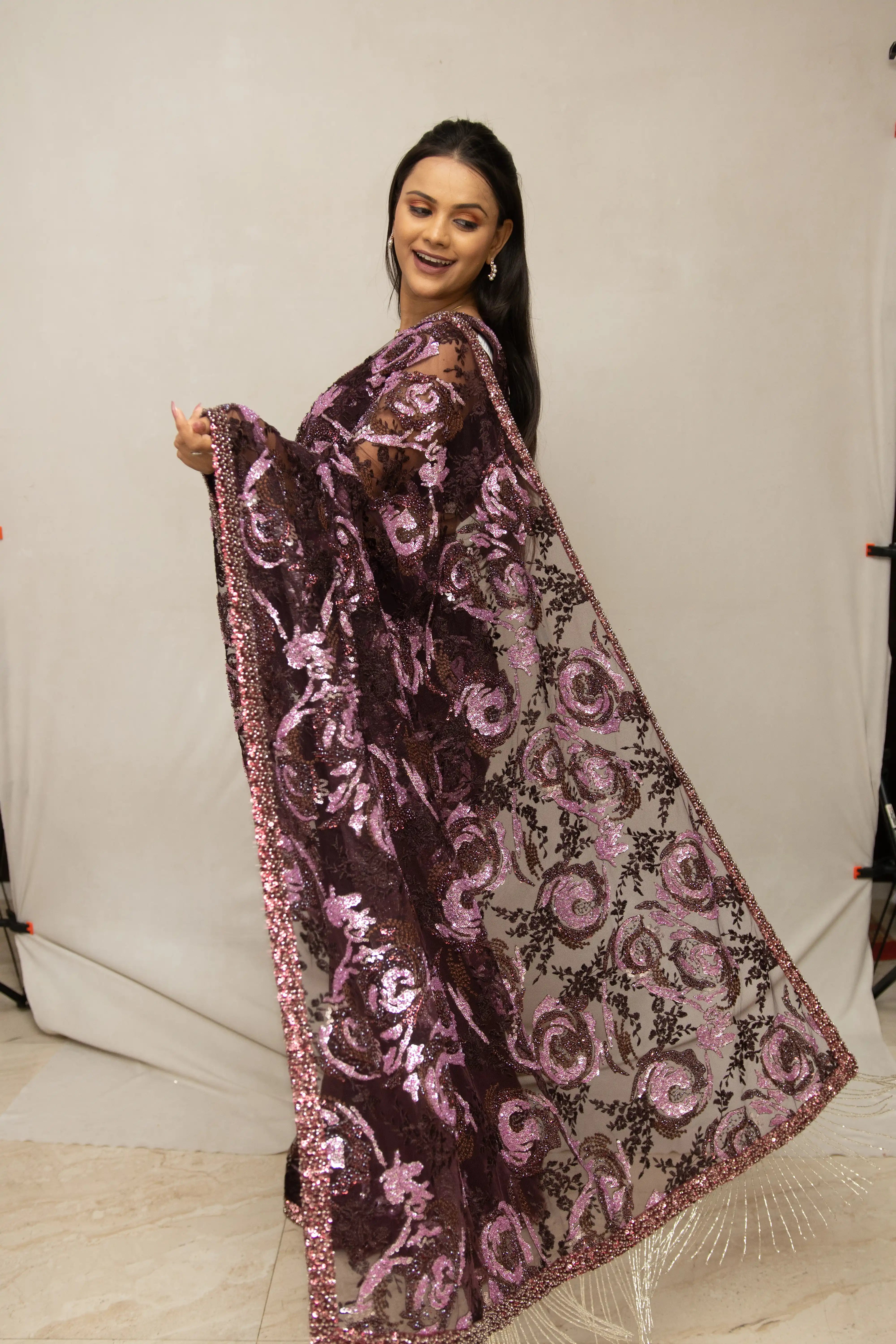 Wine Embroidered Sequin Saree