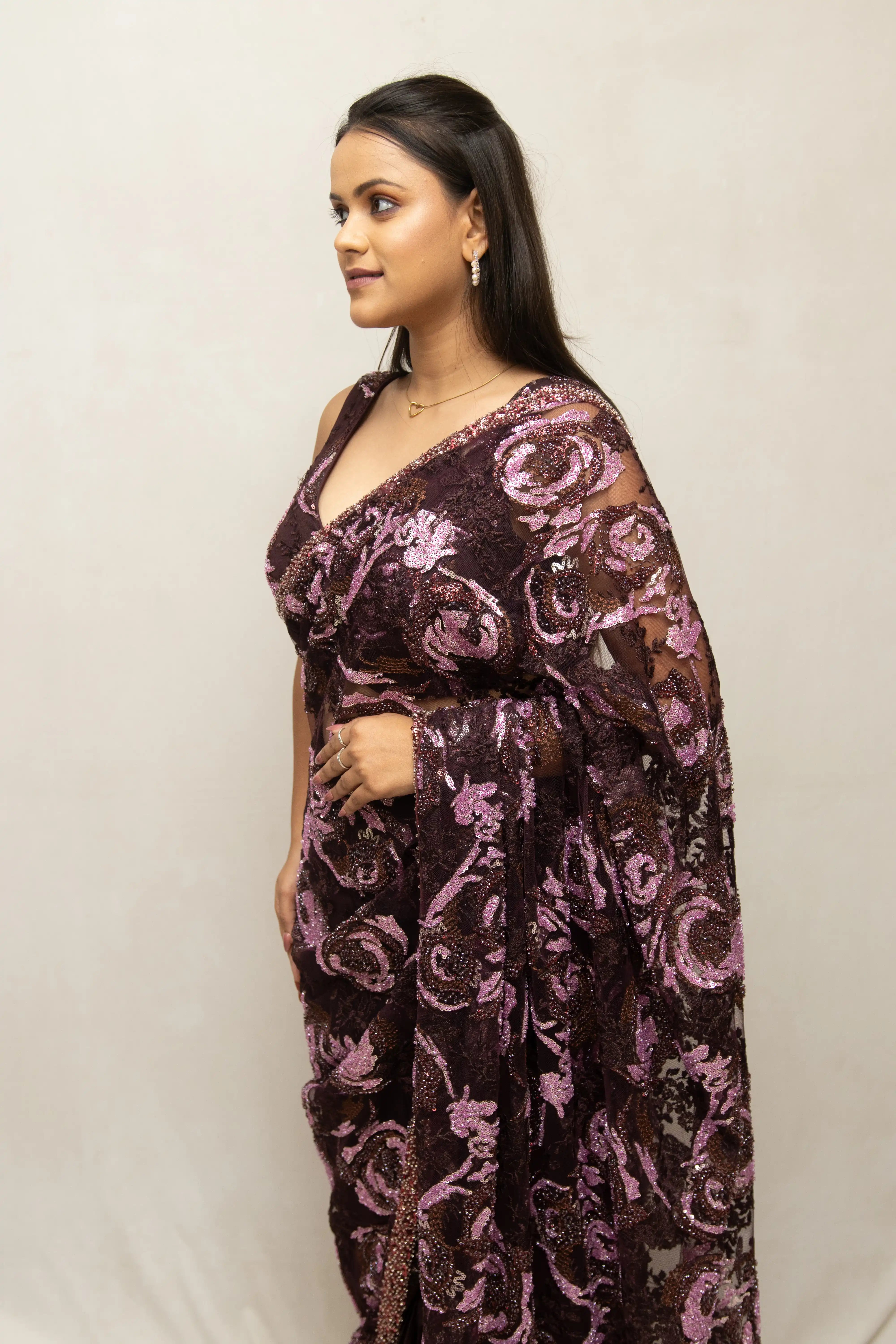 Wine Embroidered Sequin Saree