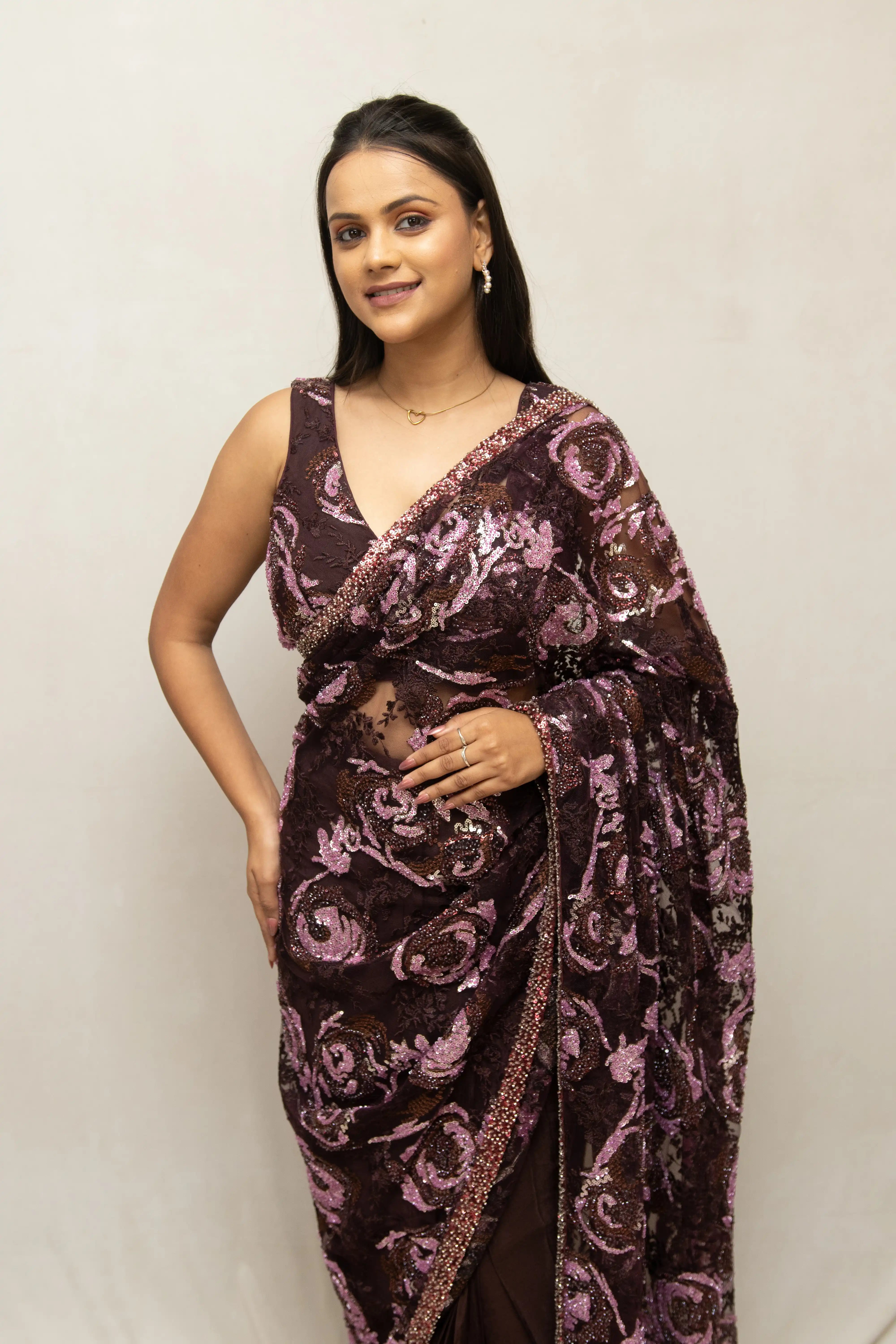 Wine Embroidered Sequin Saree