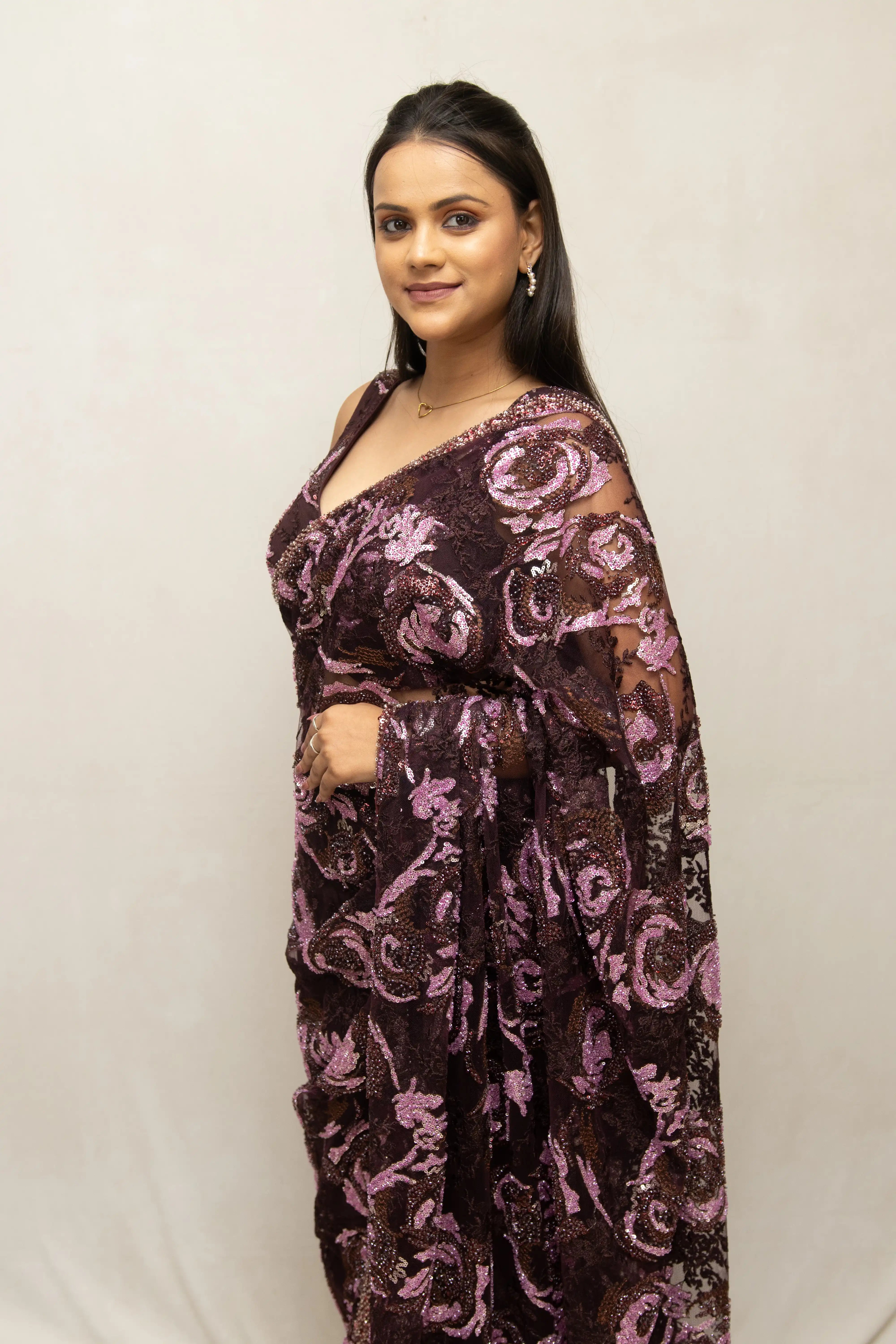 Wine Embroidered Sequin Saree