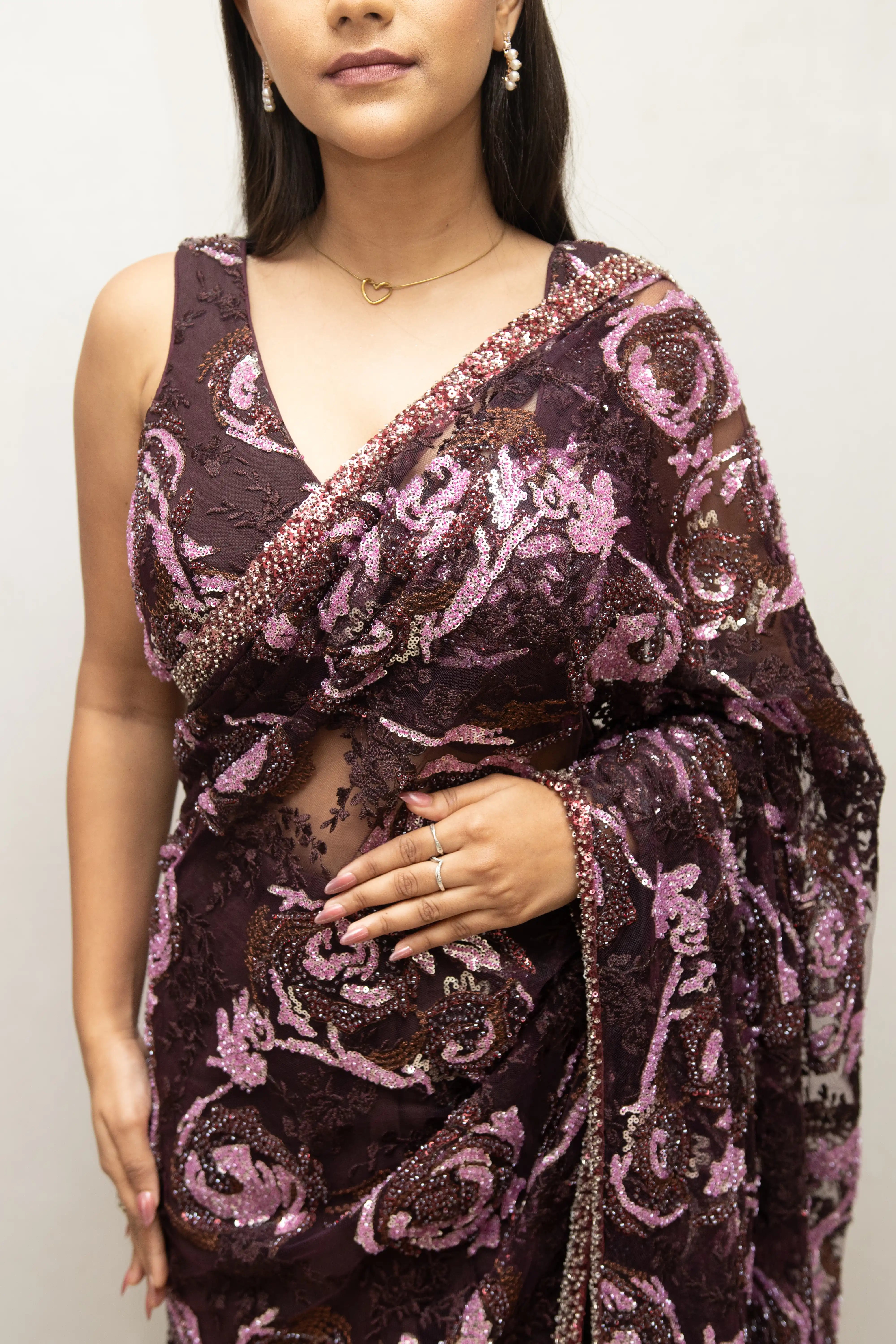 Wine Embroidered Sequin Saree