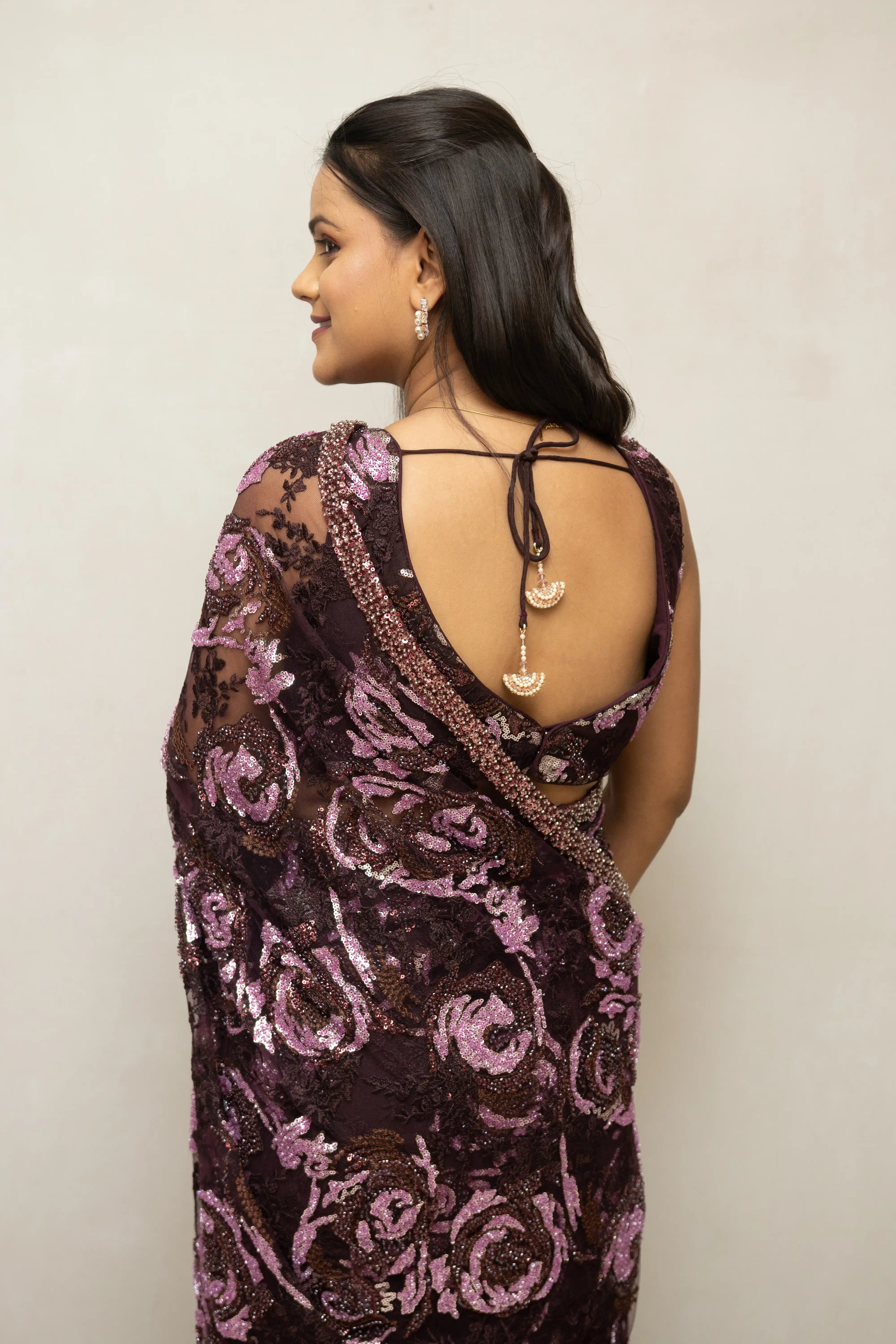 Wine Embroidered Sequin Saree