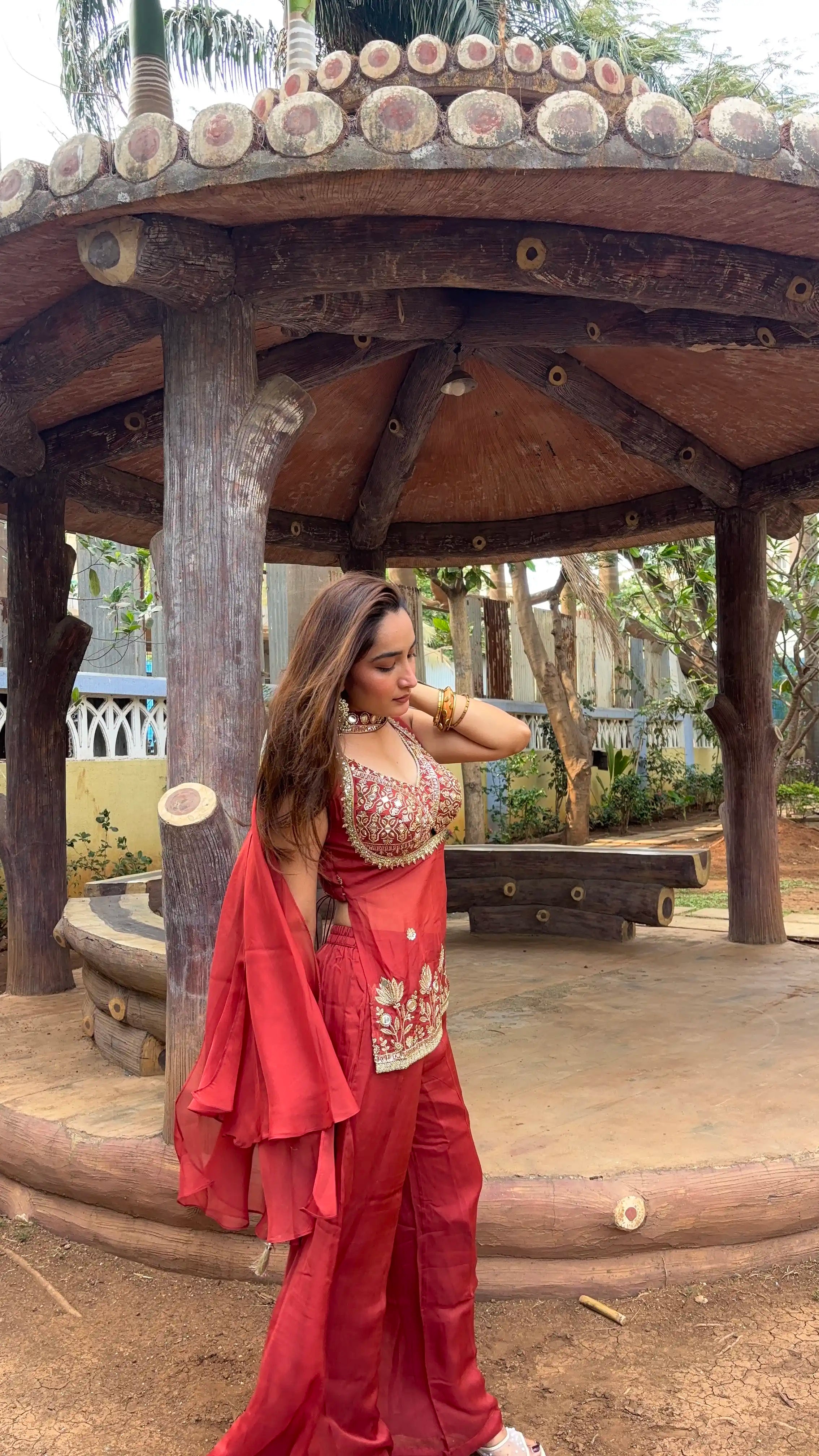 Rust Embroidered Peplum Palazzo Set