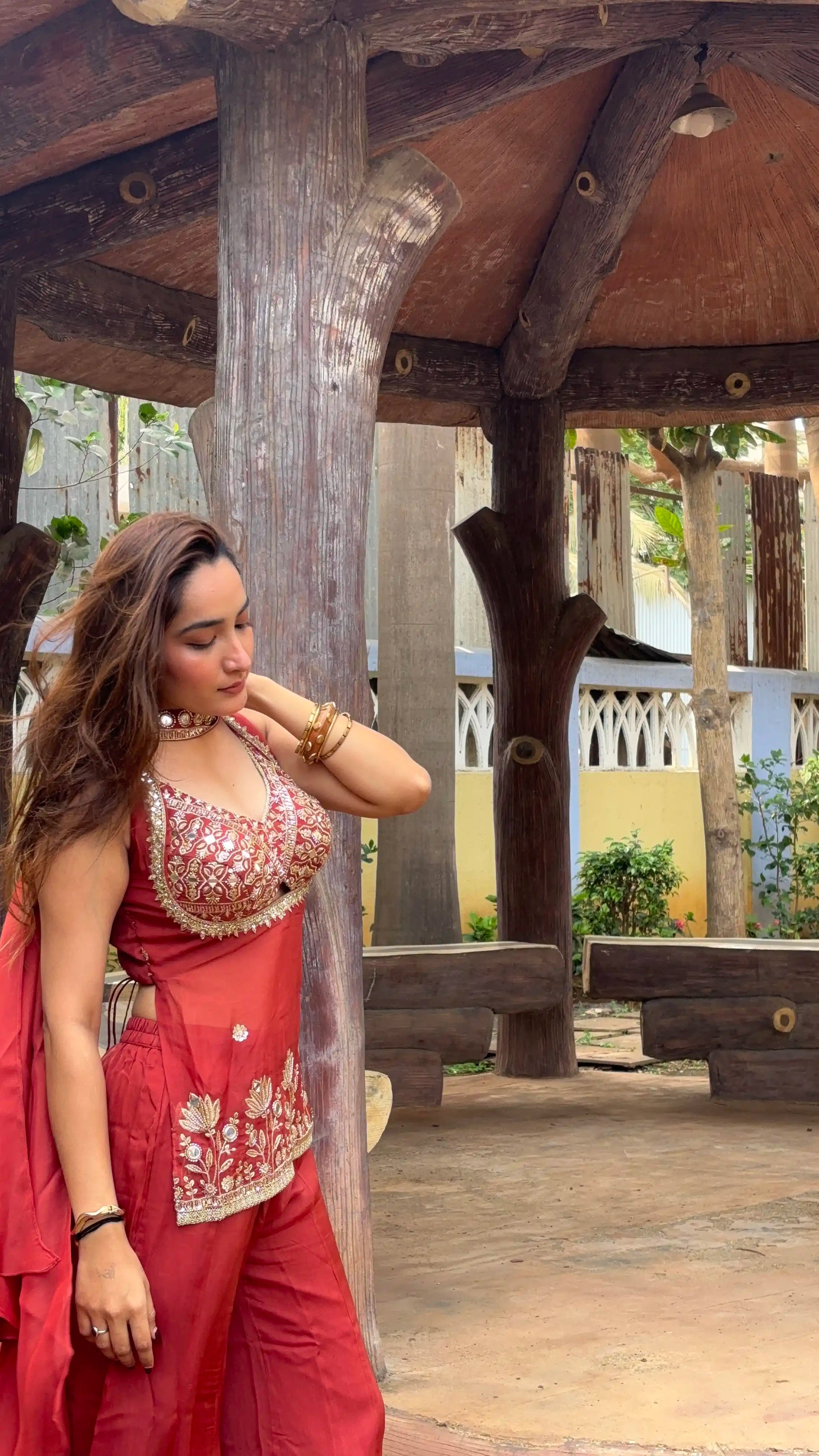 Rust Embroidered Peplum Palazzo Set