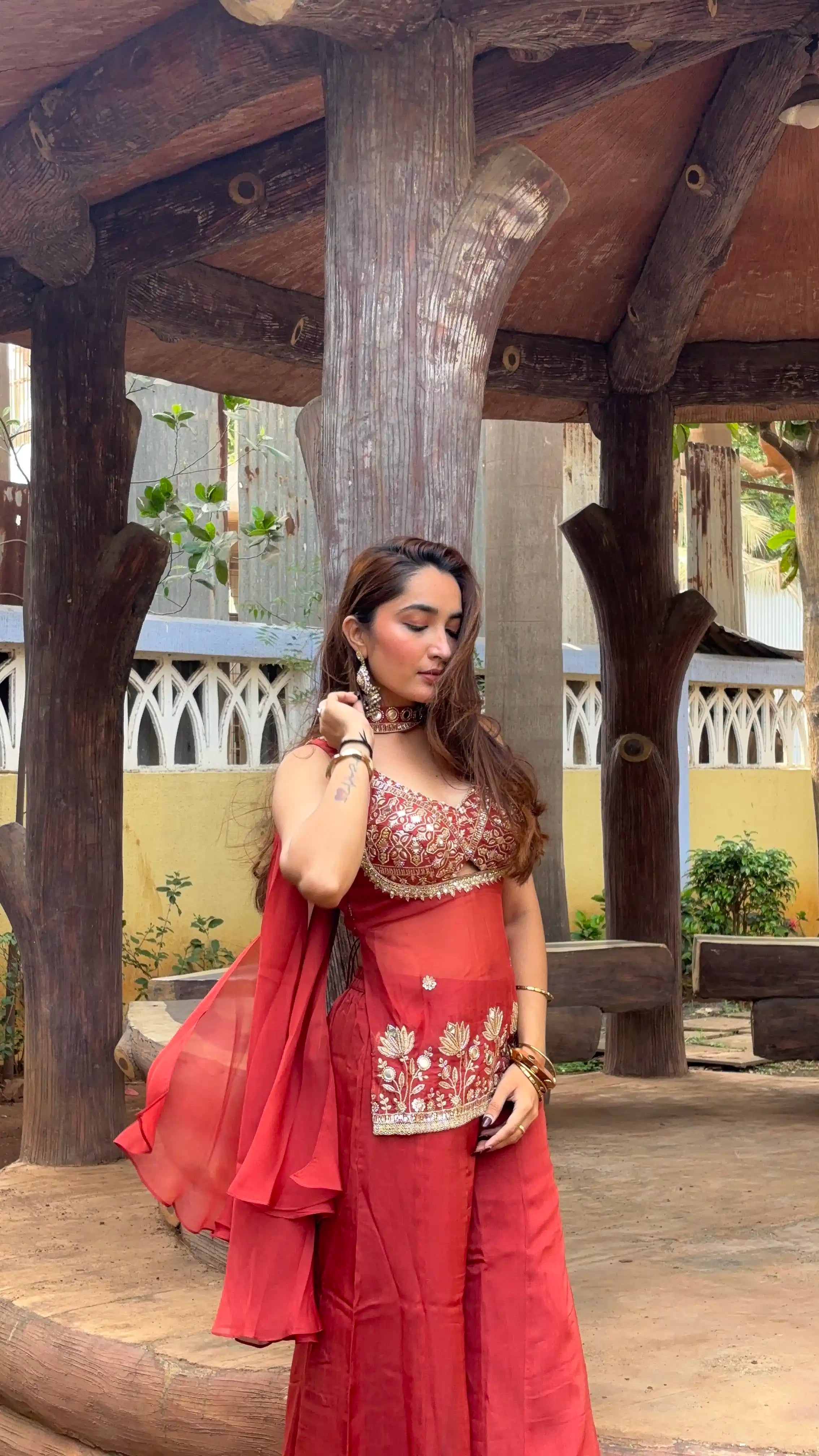 Rust Embroidered Peplum Palazzo Set