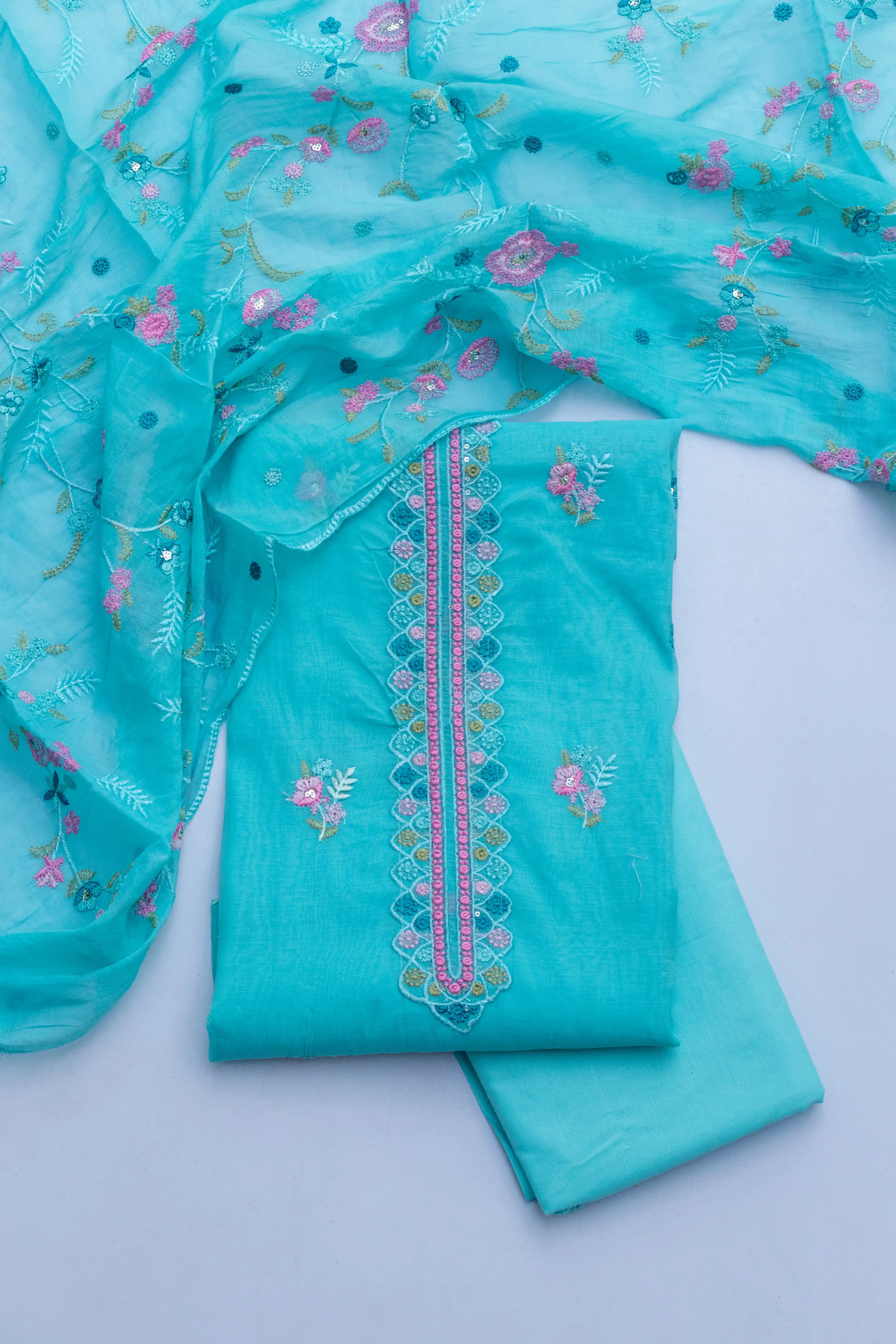 Chic Turquoise & Floral Embroidery Suits