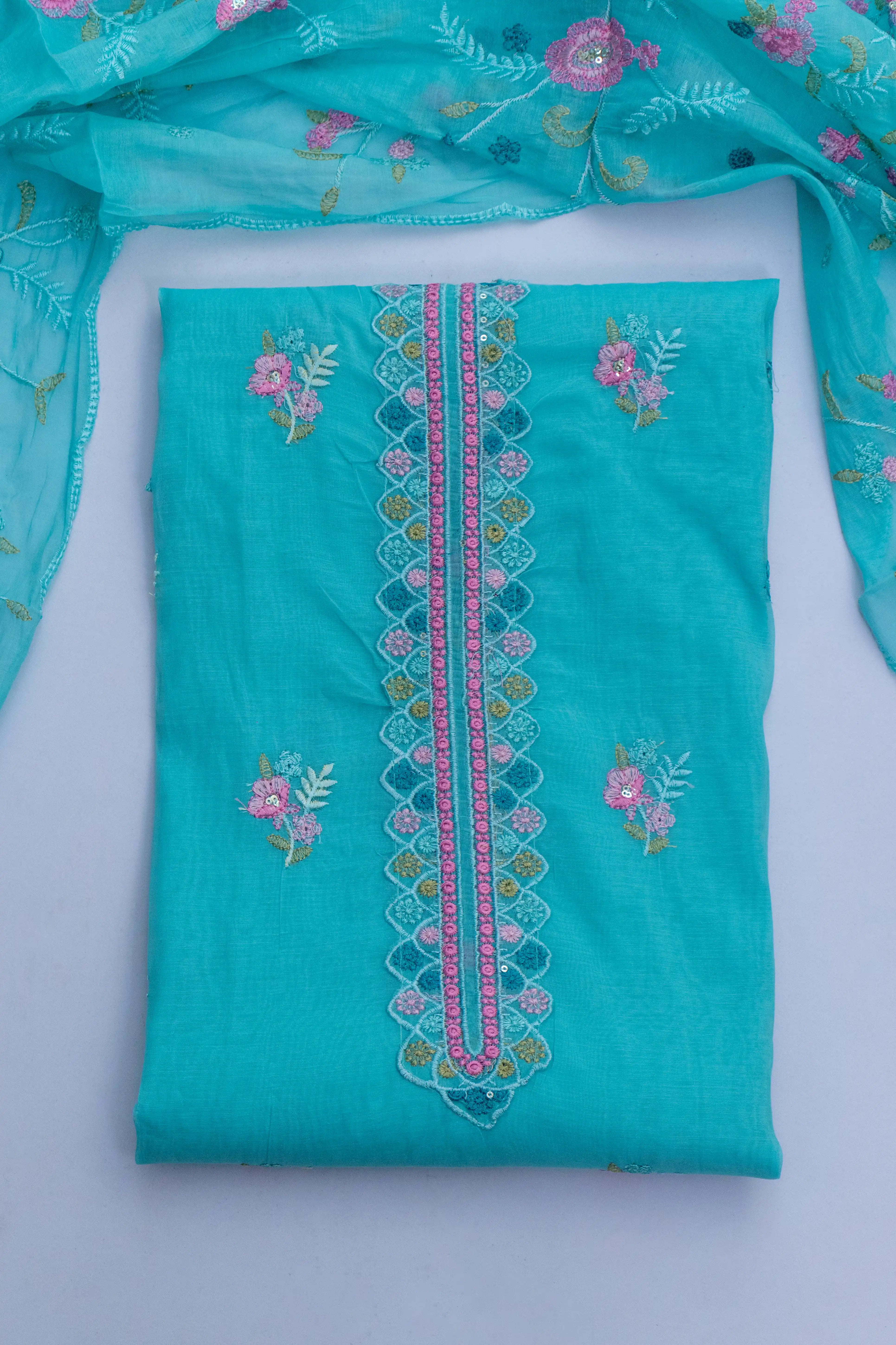 Chic Turquoise & Floral Embroidery Suits