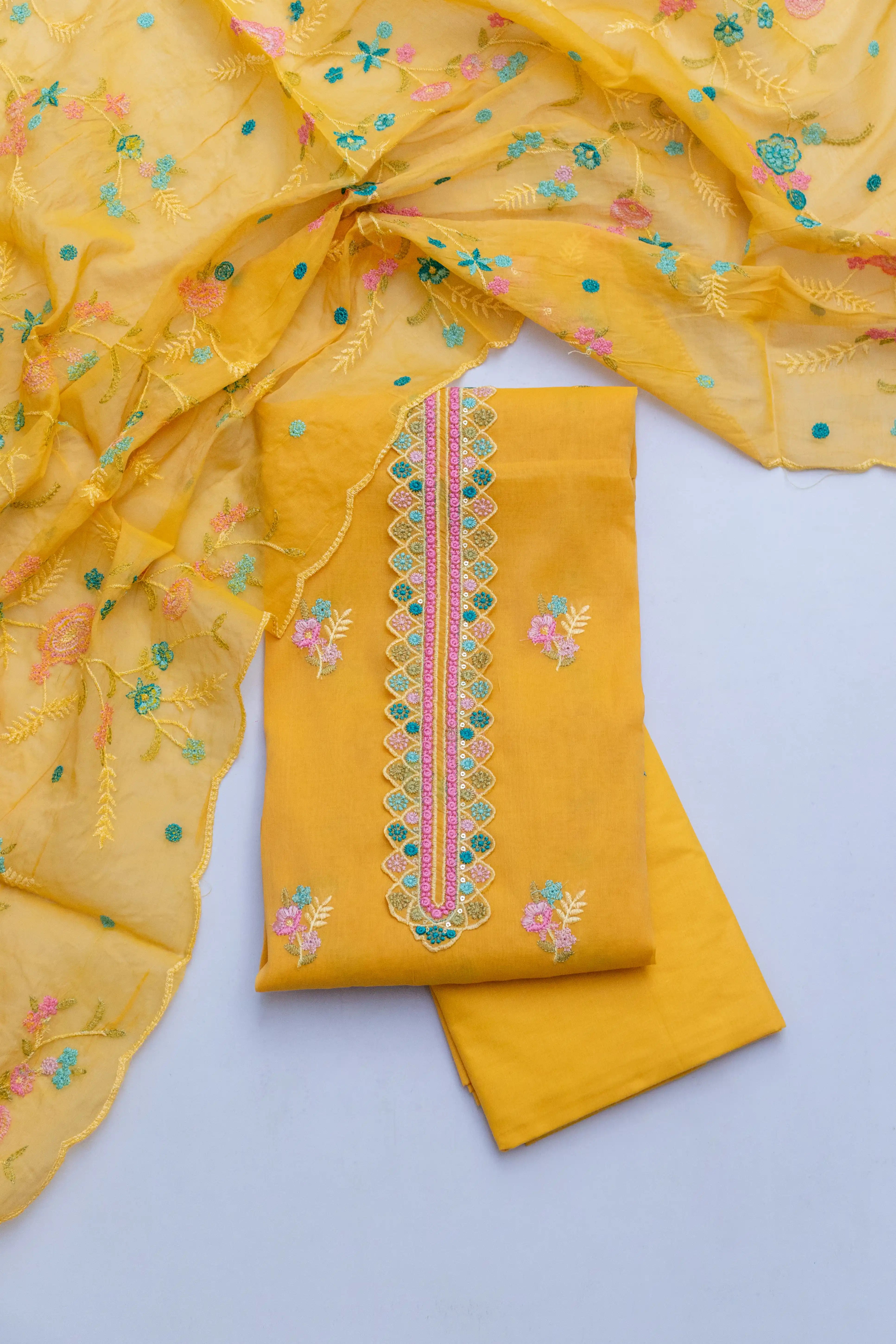 Mustard Yellow Embroidered Cotton Dress Material