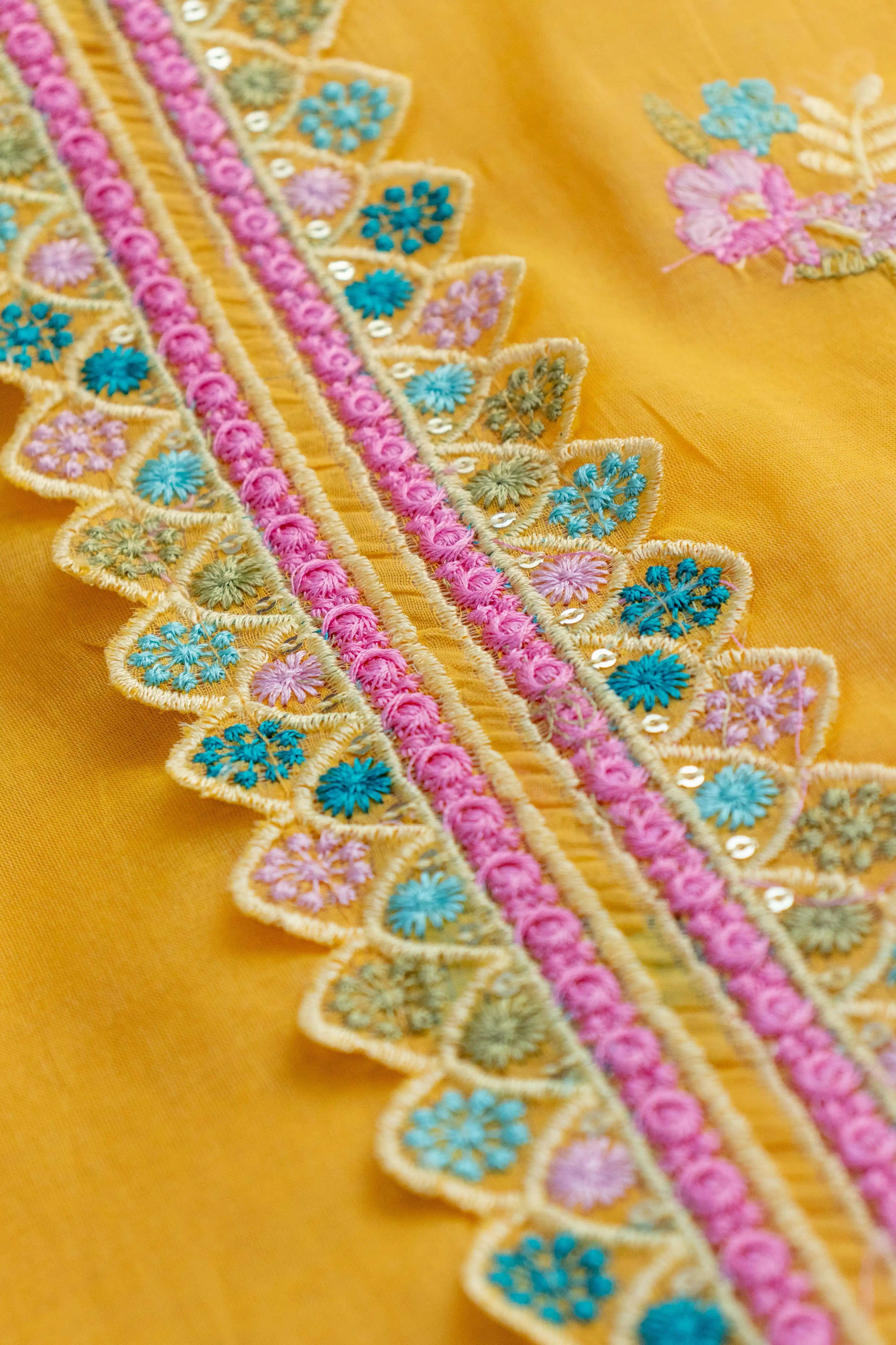 Mustard Yellow Embroidered Cotton Dress Material