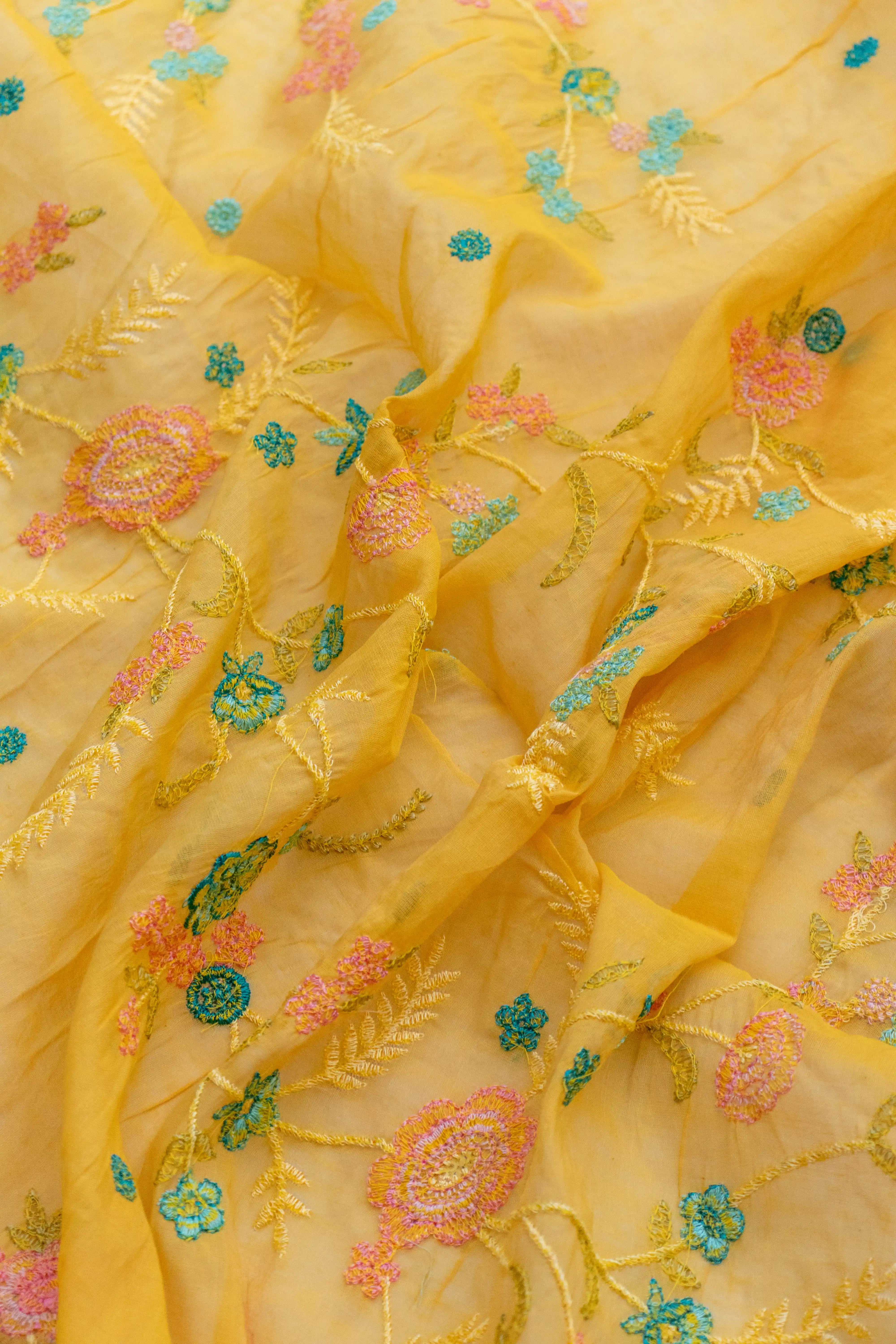 Mustard Yellow Embroidered Cotton Dress Material