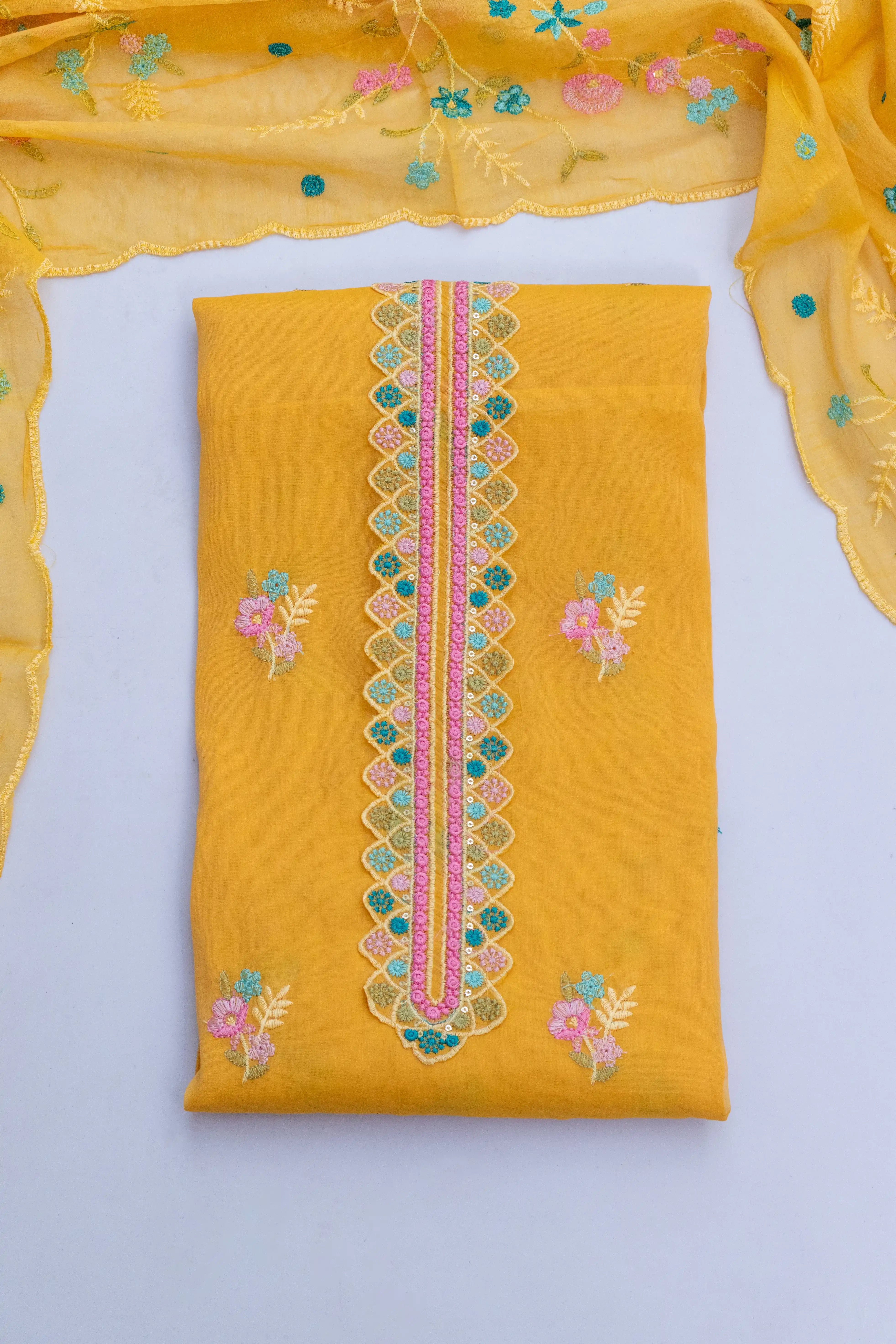 Mustard Yellow Embroidered Cotton Dress Material