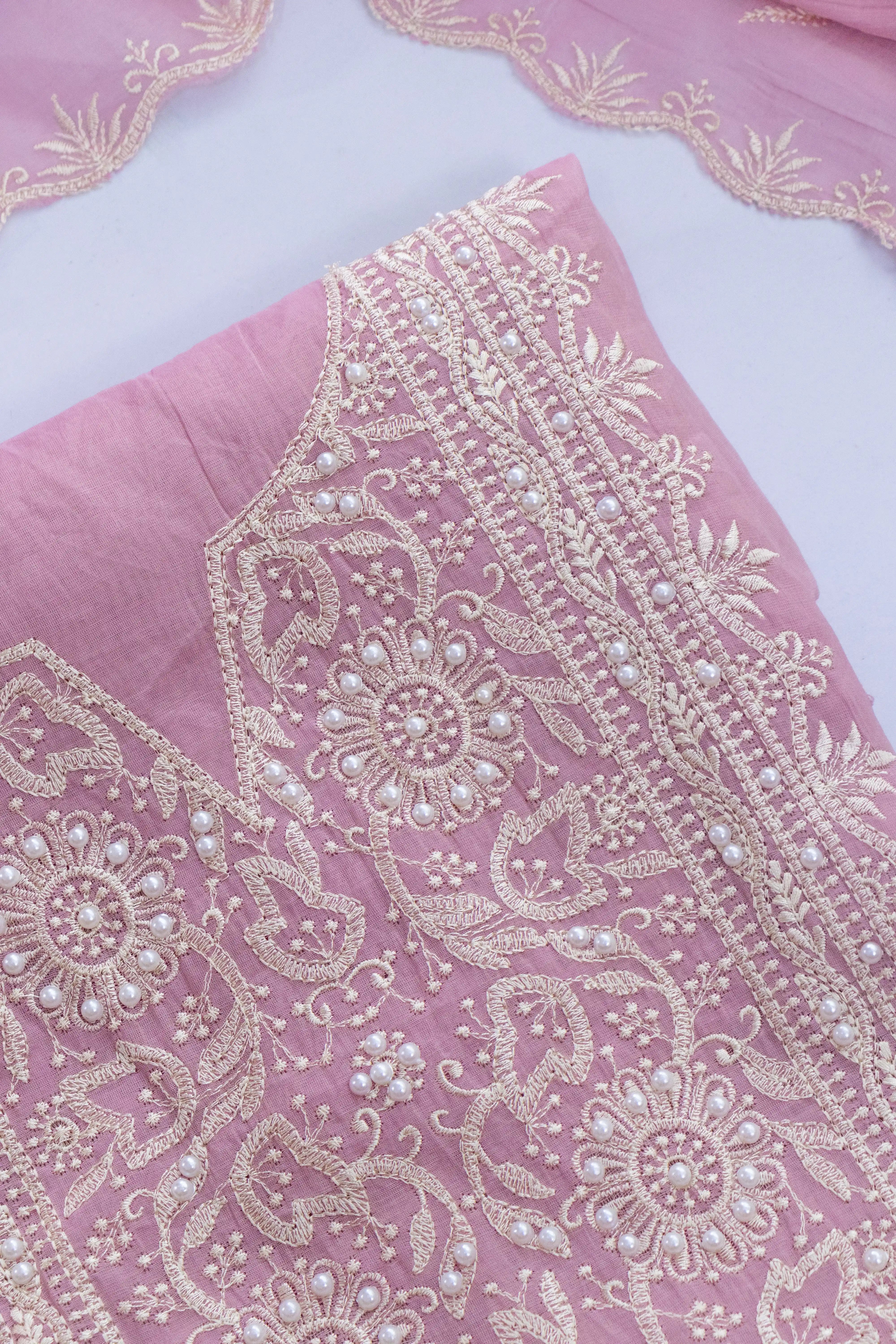 Pastel Pink Chikankari Style Dress Material with Pearl Work