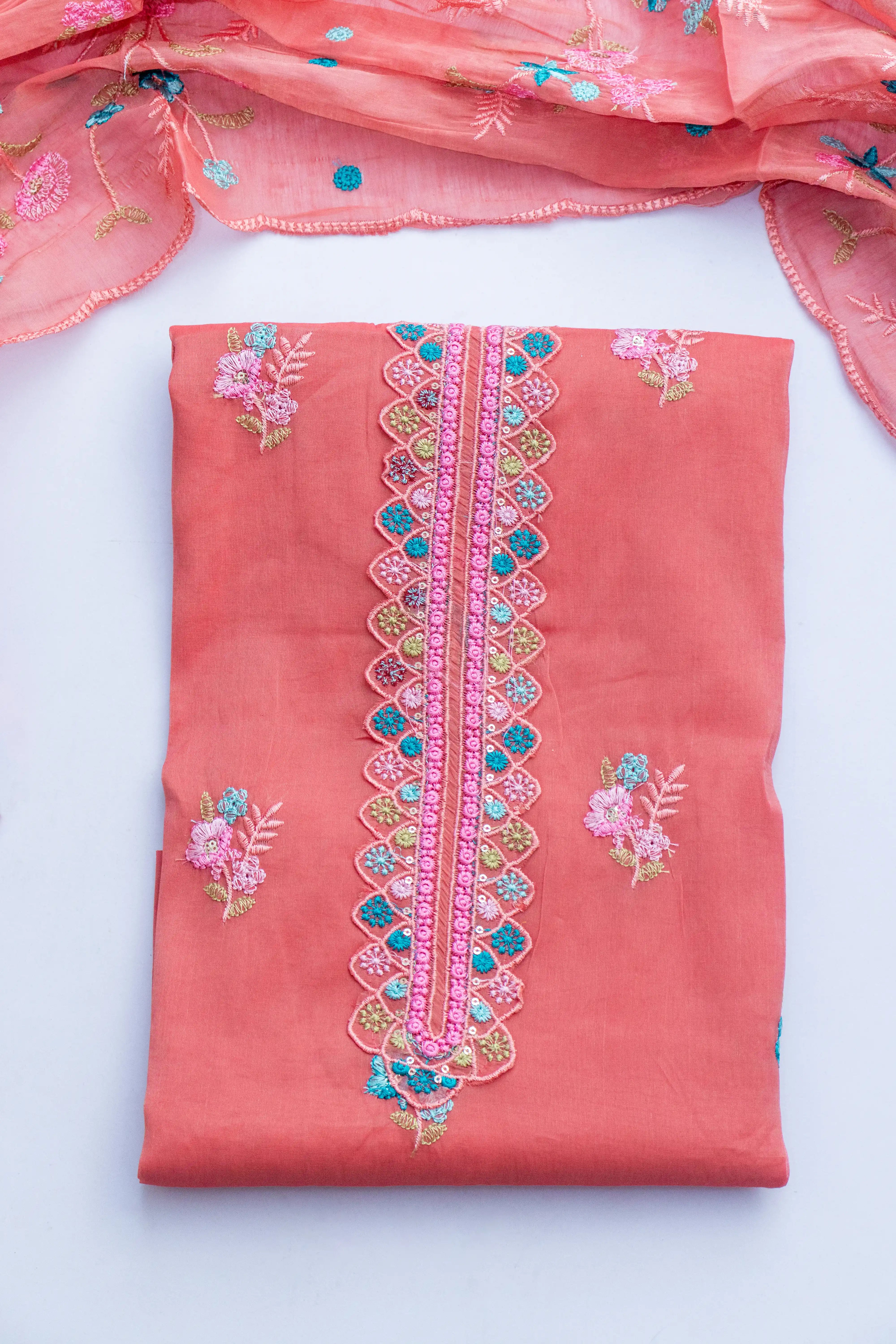 Coral Charm: Embroidered Cotton Suit Material