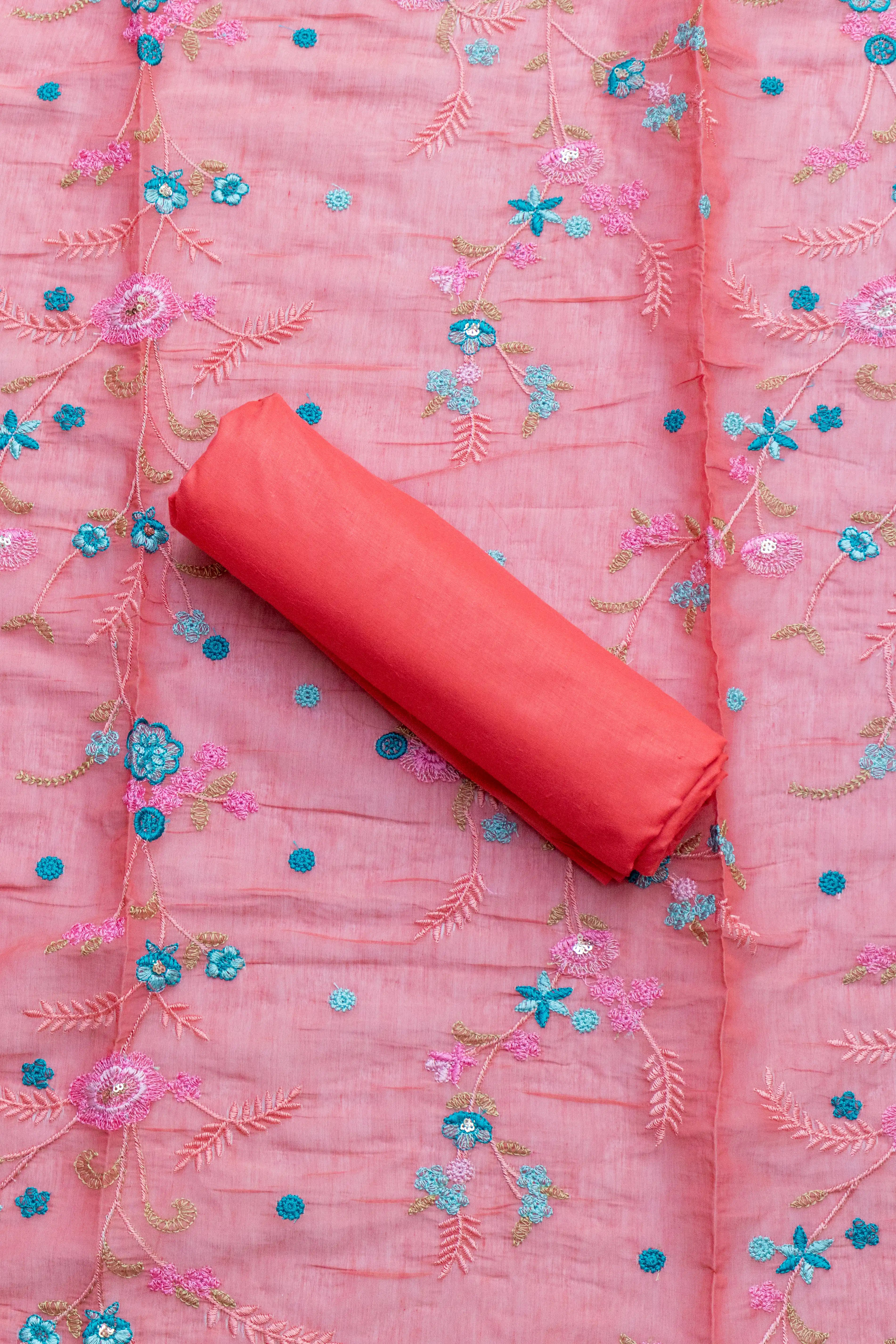 Coral Charm: Embroidered Cotton Suit Material