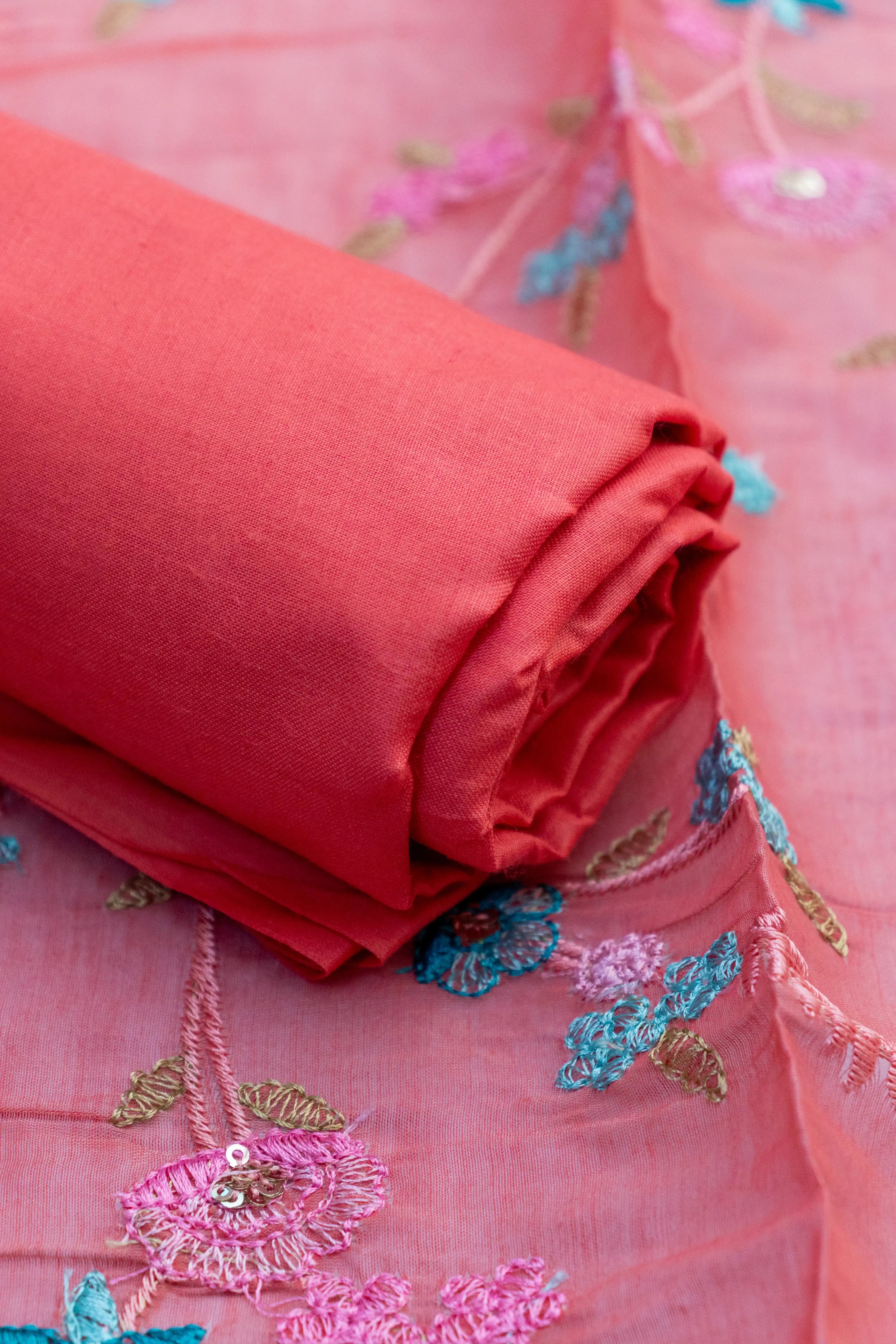 Coral Charm: Embroidered Cotton Suit Material