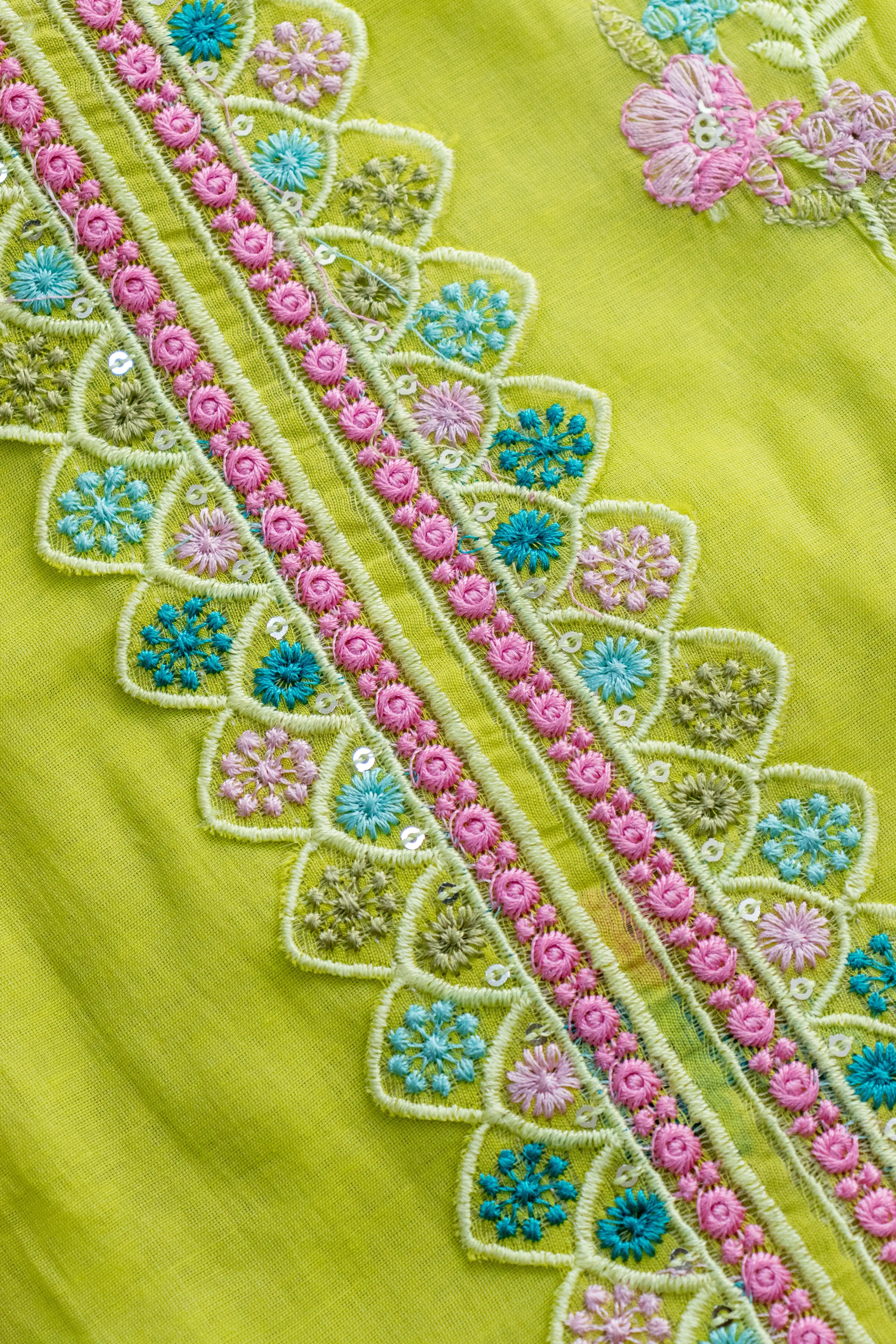 Neon Spring: Lime Green Embroidered Cotton Suit Material