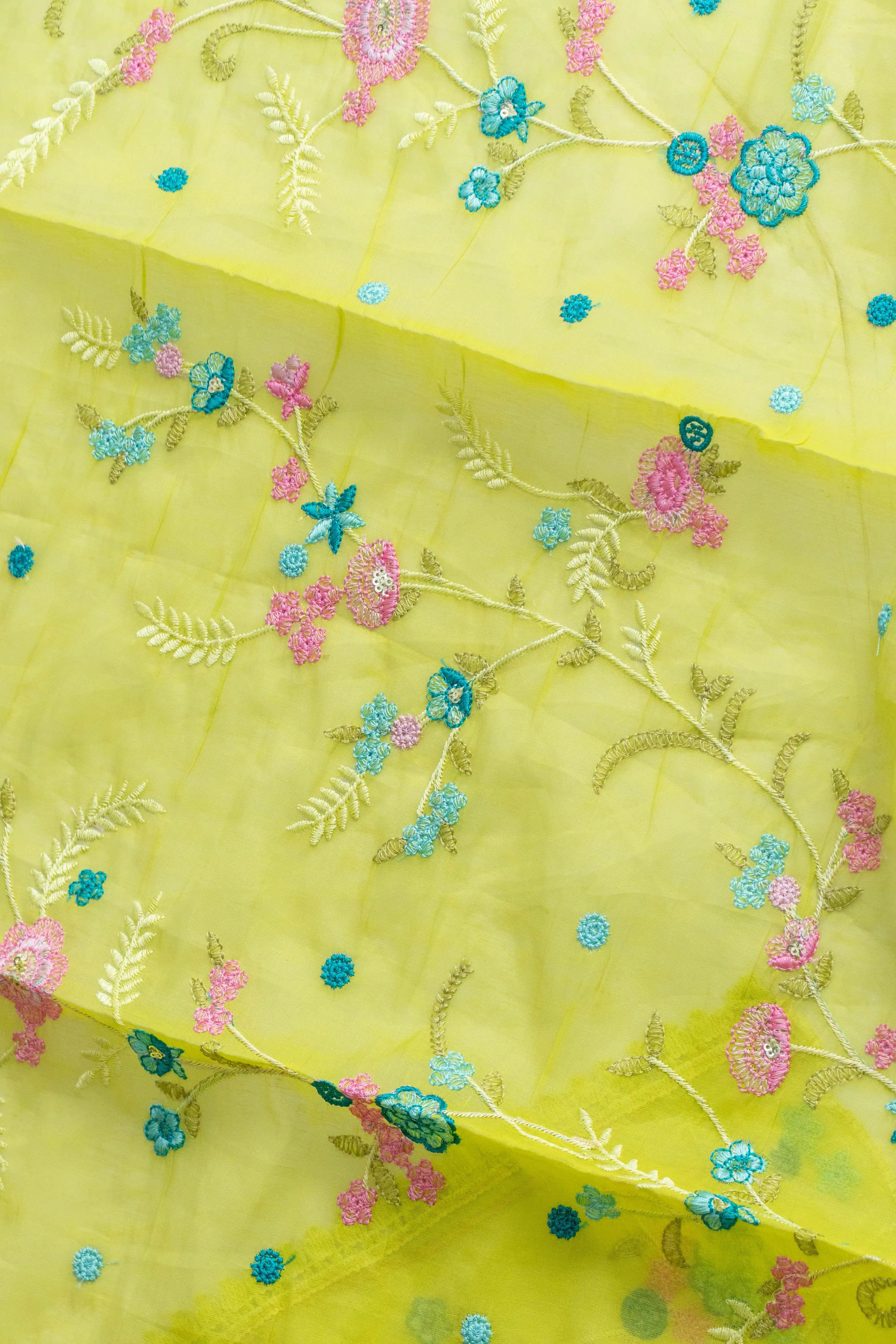 Neon Spring: Lime Green Embroidered Cotton Suit Material