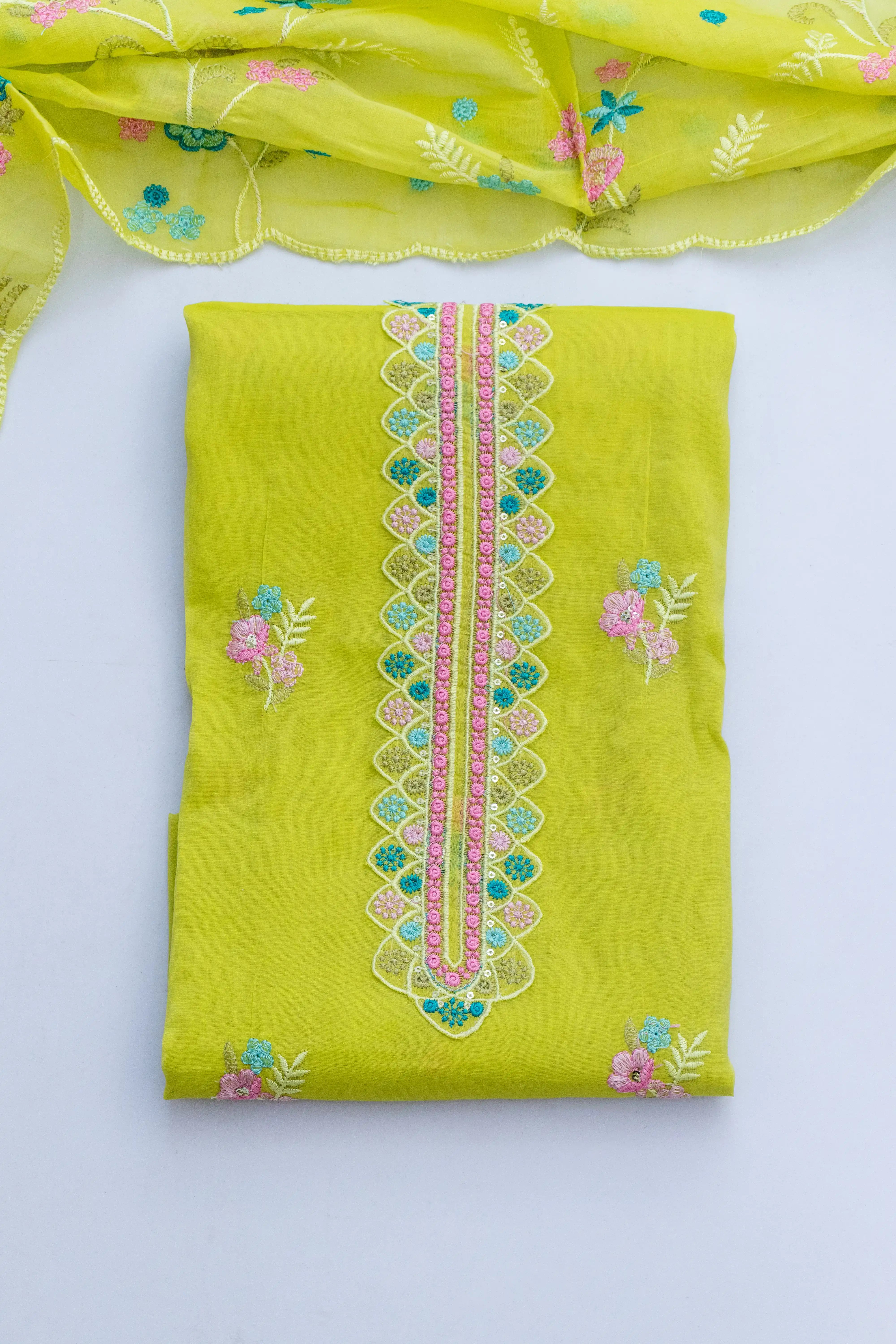 Neon Spring: Lime Green Embroidered Cotton Suit Material