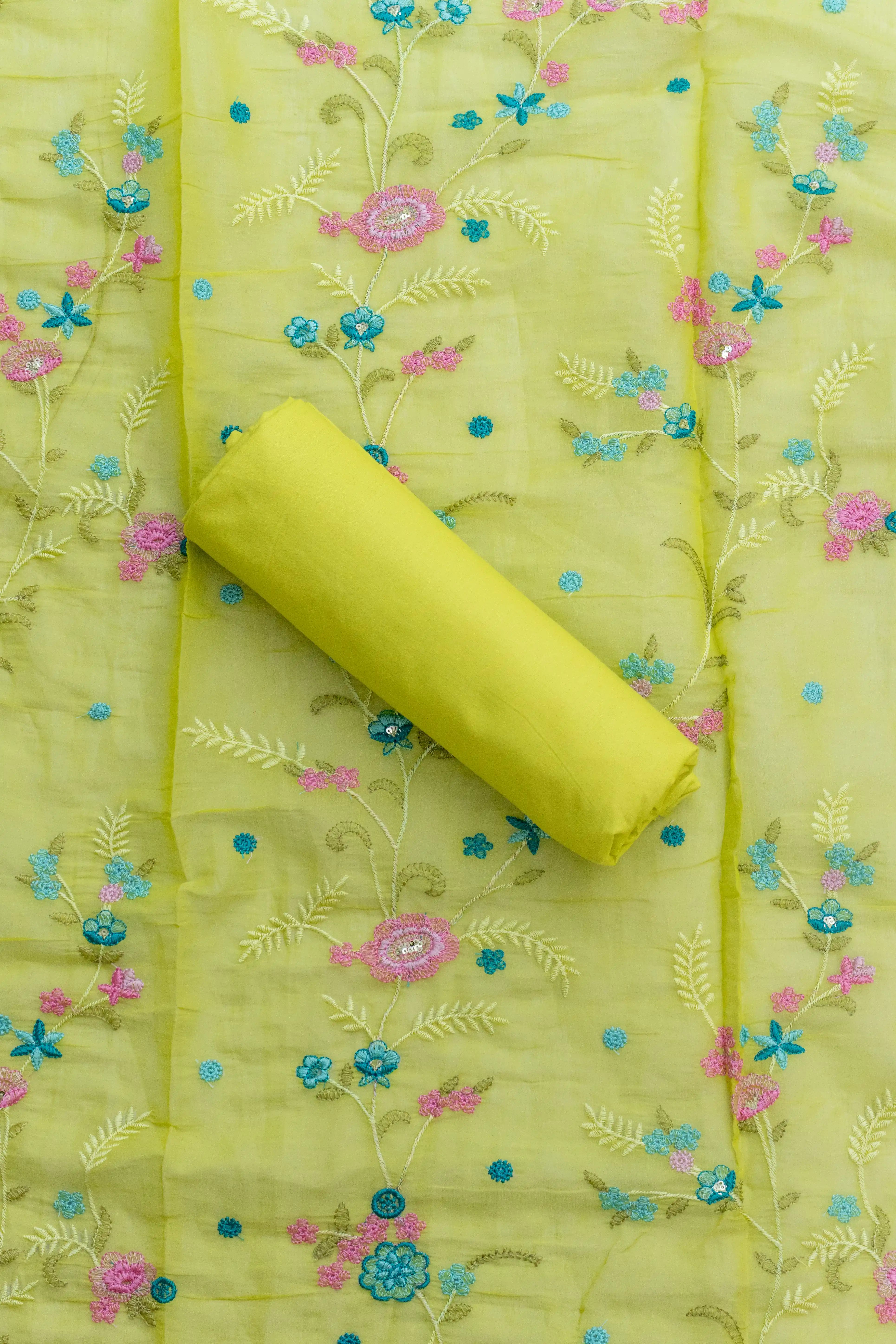Neon Spring: Lime Green Embroidered Cotton Suit Material