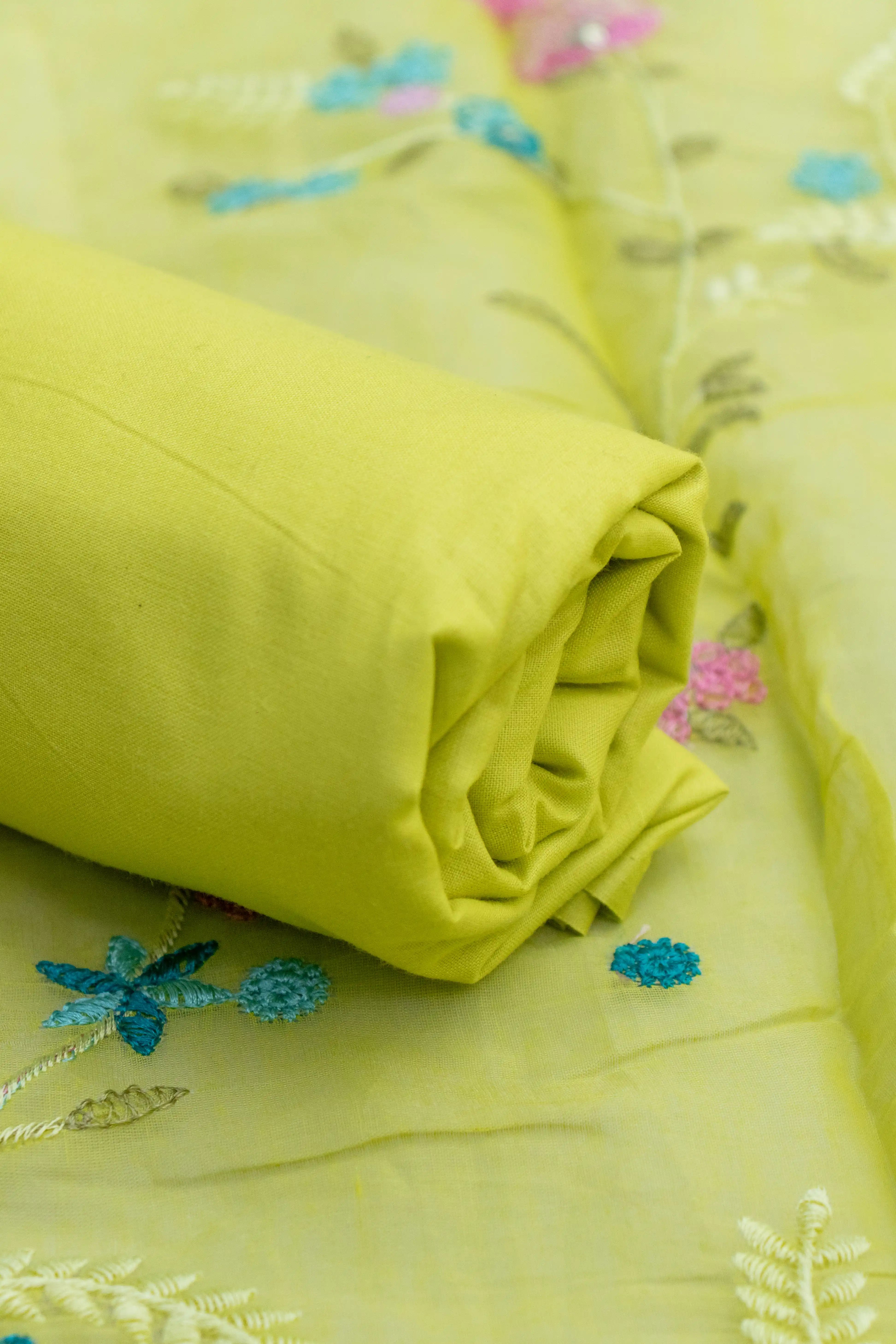 Neon Spring: Lime Green Embroidered Cotton Suit Material