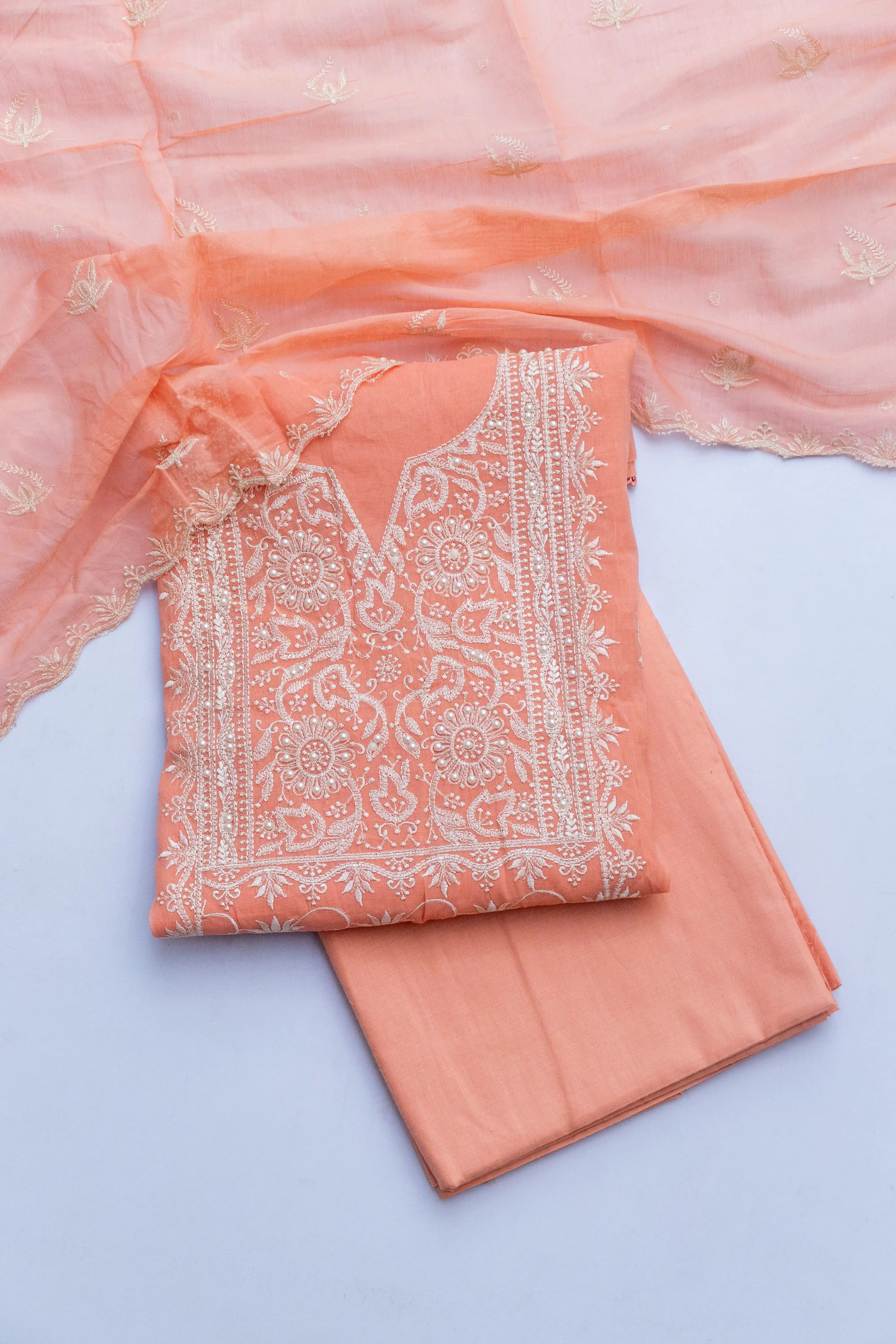 Timeless Chikankari: Peach Embroidered Cotton Suit