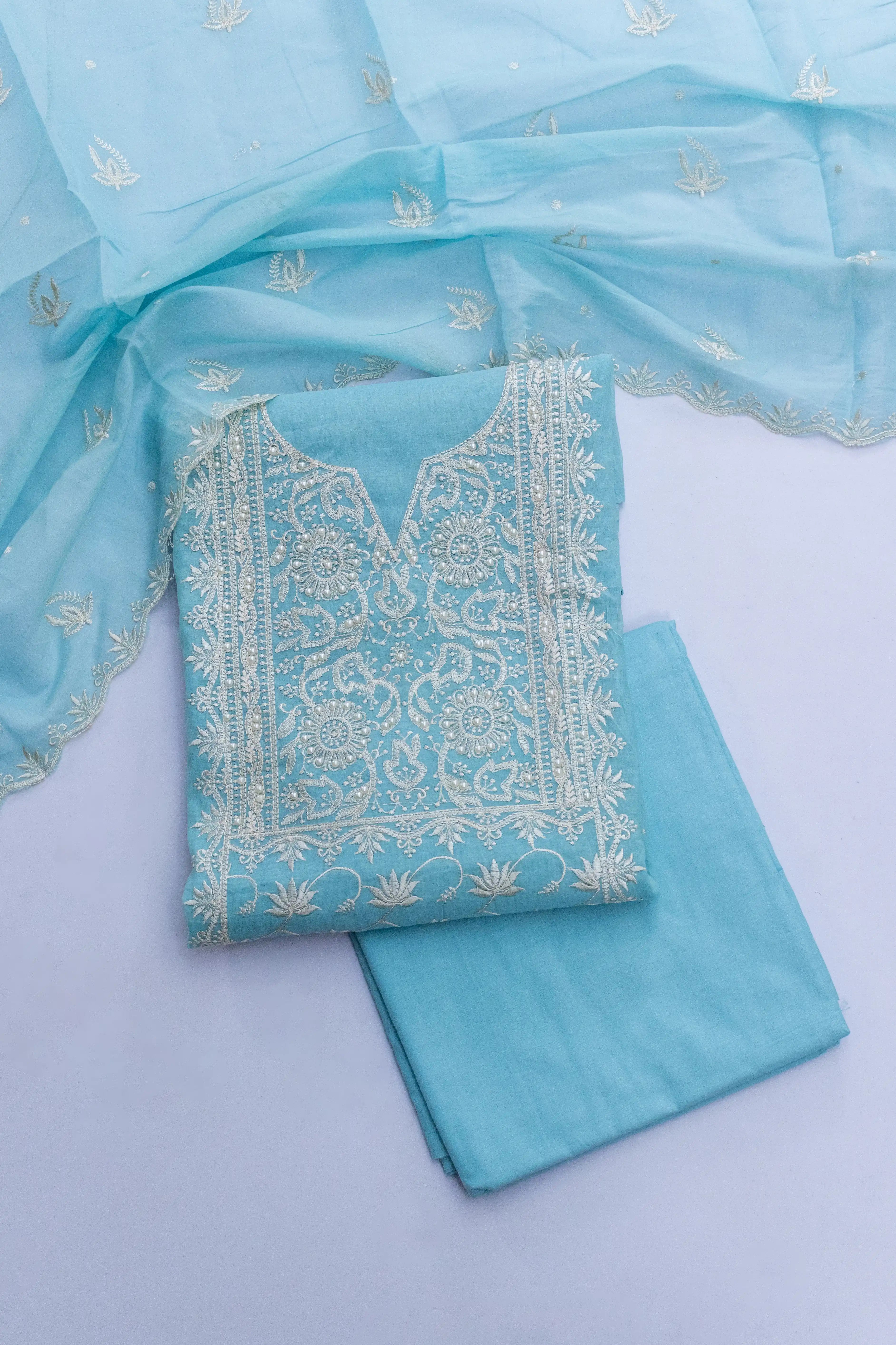 Aqua Blue Chikankari Style Suit Material with Pearl & Thread Embroidery