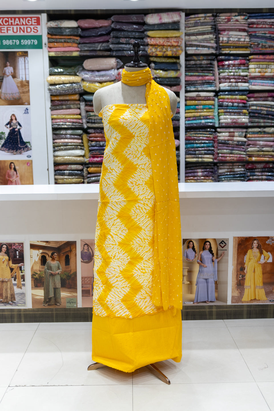 Yellow Printed Unstitched Dress Material with Dupatta