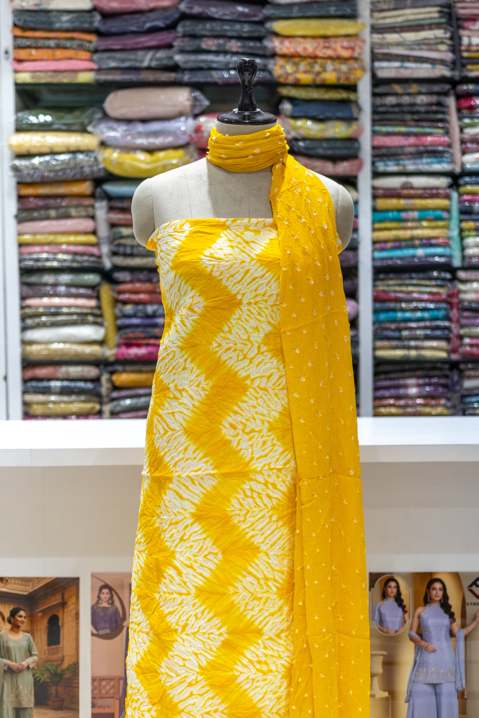 Yellow Printed Unstitched Dress Material with Dupatta