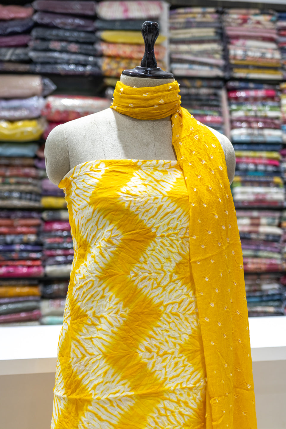 Yellow Printed Unstitched Dress Material with Dupatta