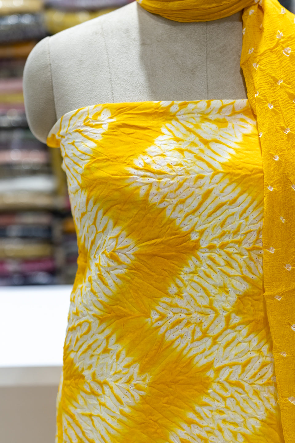Yellow Printed Unstitched Dress Material with Dupatta
