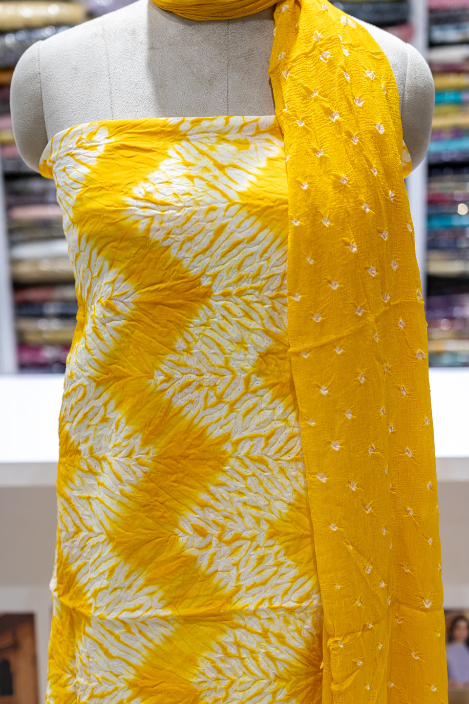 Yellow Printed Unstitched Dress Material with Dupatta