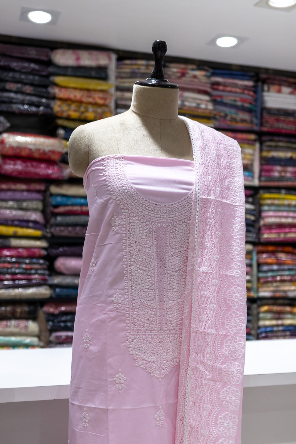 Pink Chikankari Embroidered Unstitched Suit Set with Dupatta