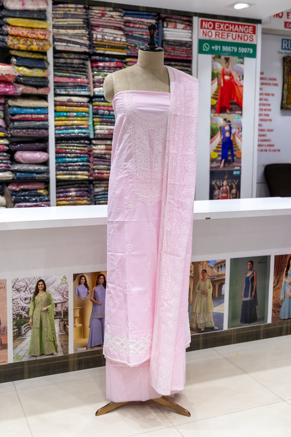 Pink Chikankari Embroidered Unstitched Suit Set with Dupatta