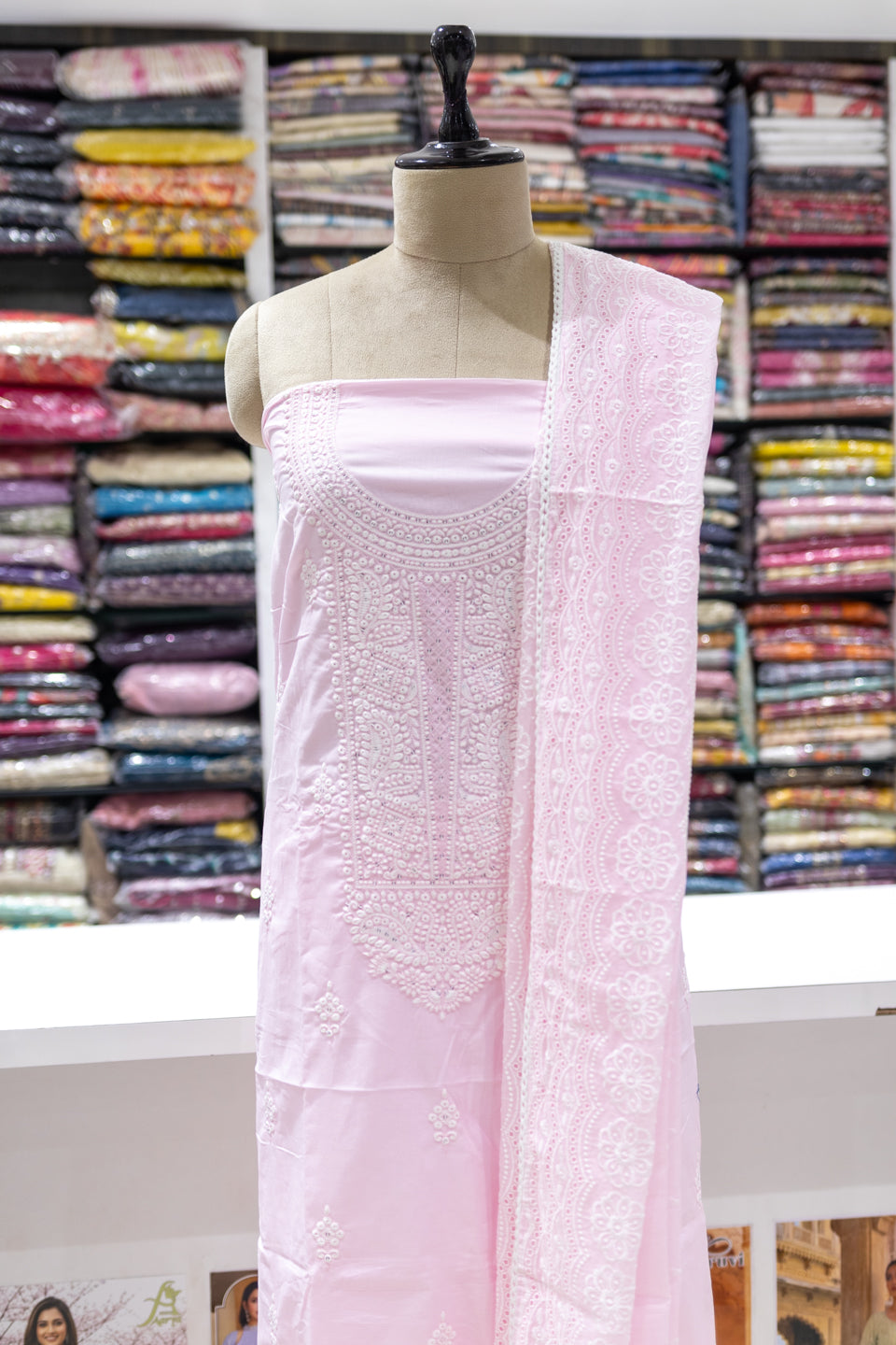 Pink Chikankari Embroidered Unstitched Suit Set with Dupatta