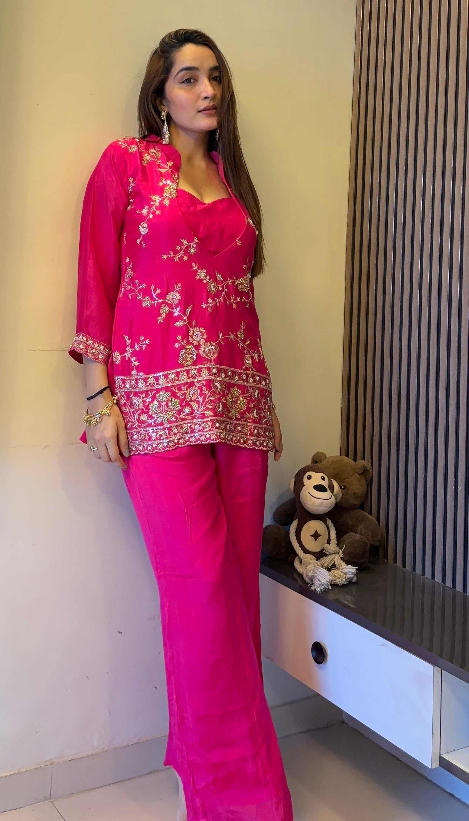 Hot Pink Embroidered Kurta Set