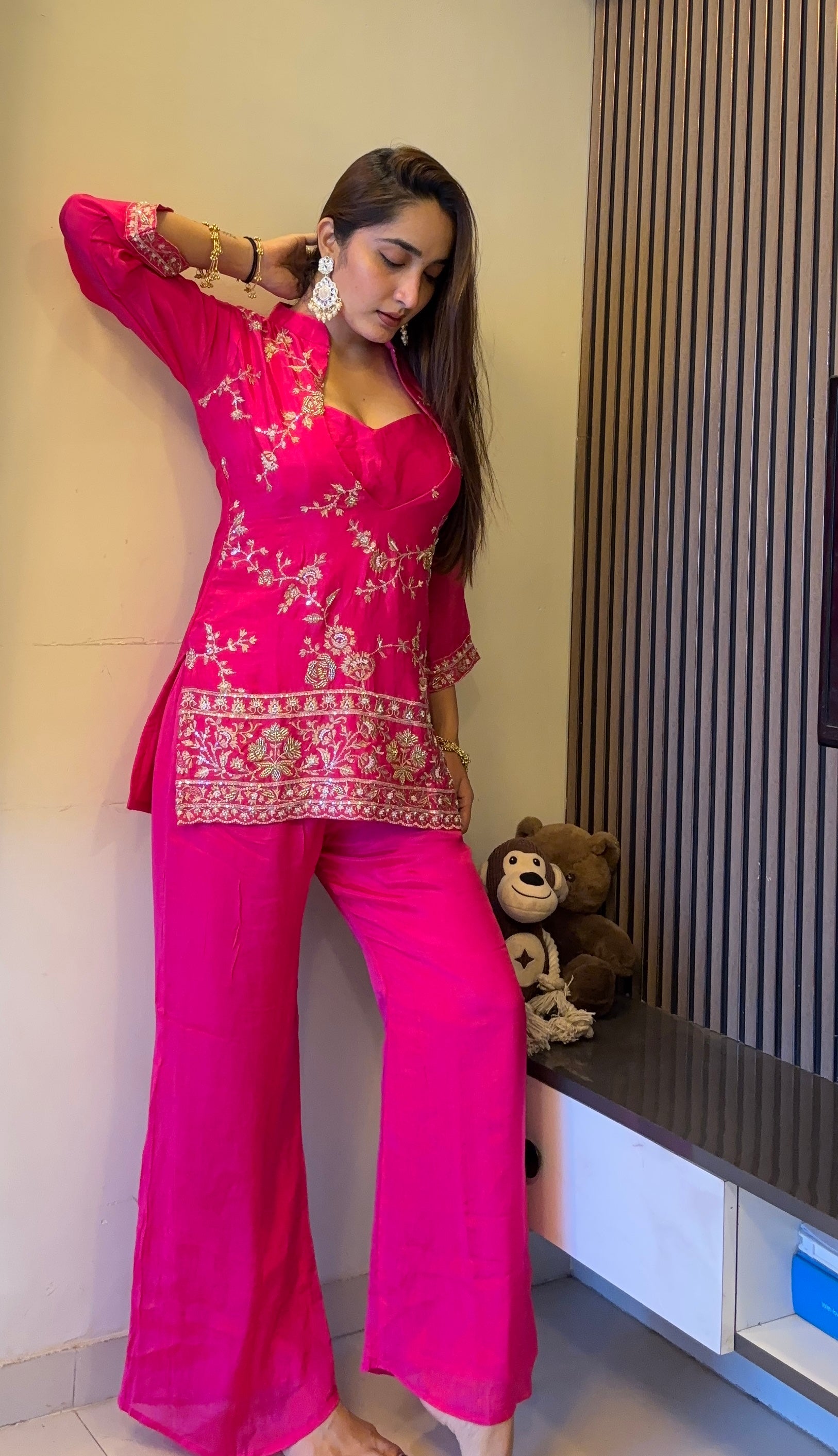 Hot Pink Embroidered Kurta Set