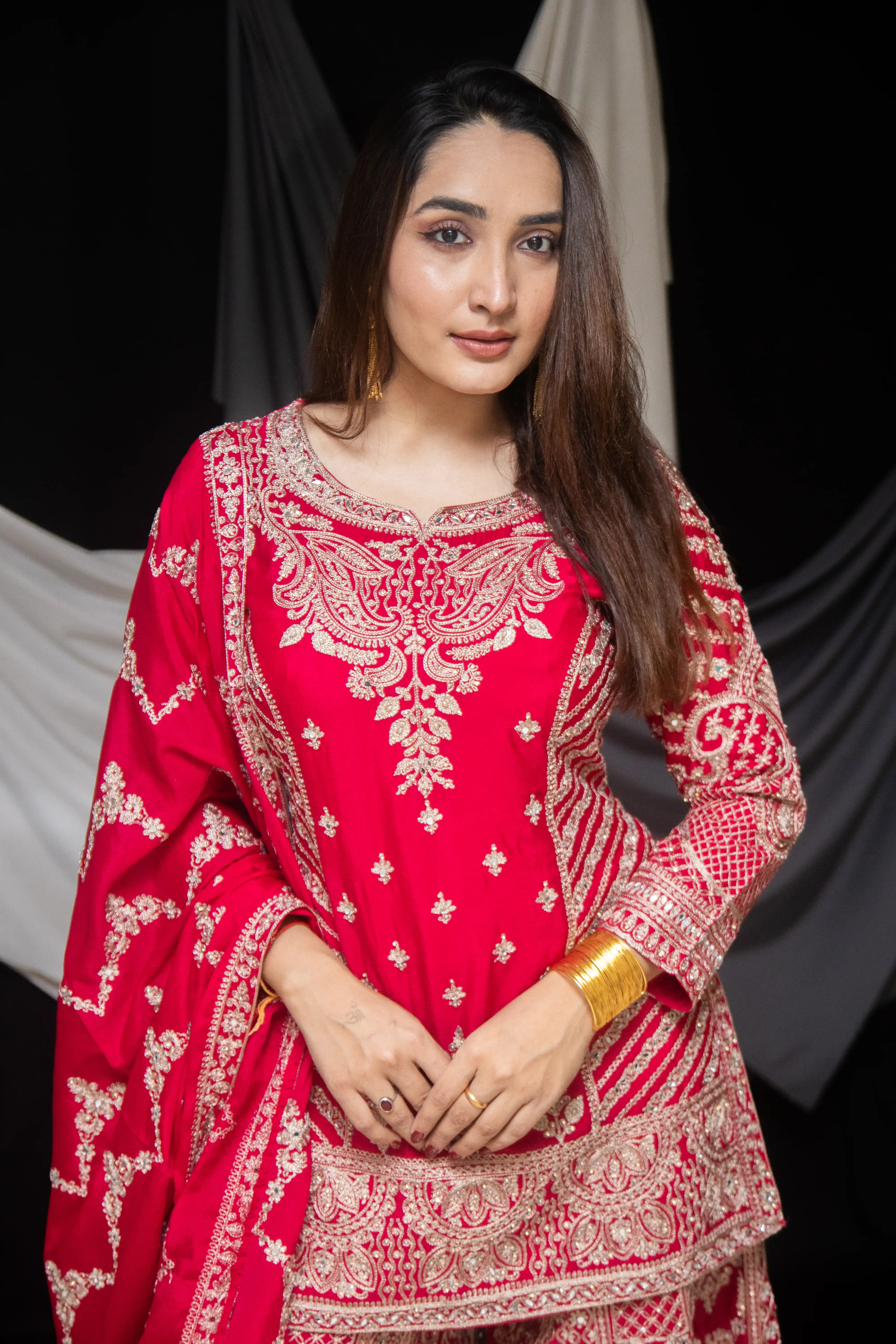 Heavy Embroidered Rani Pink Sharara Suit Set