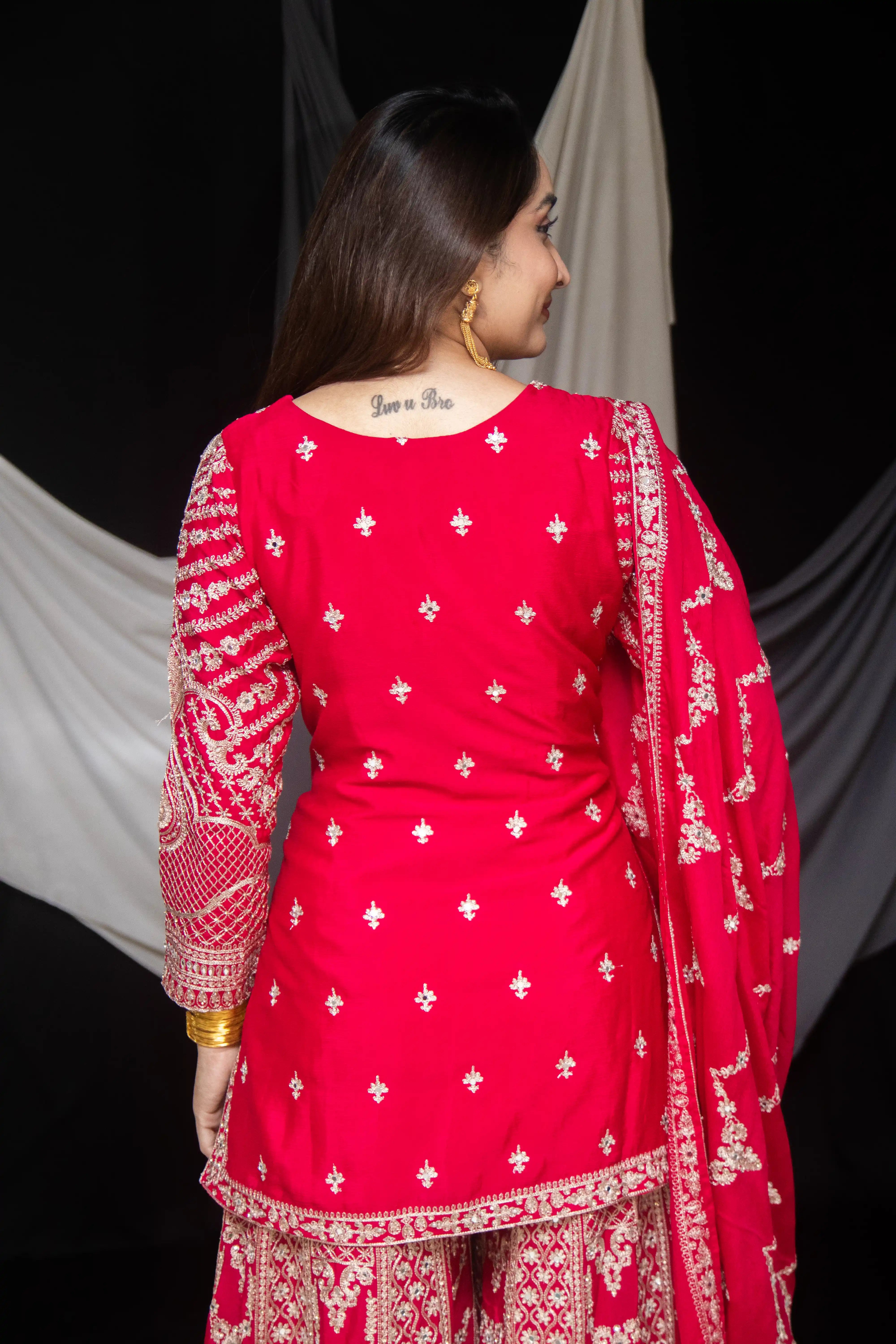 Heavy Embroidered Rani Pink Sharara Suit Set