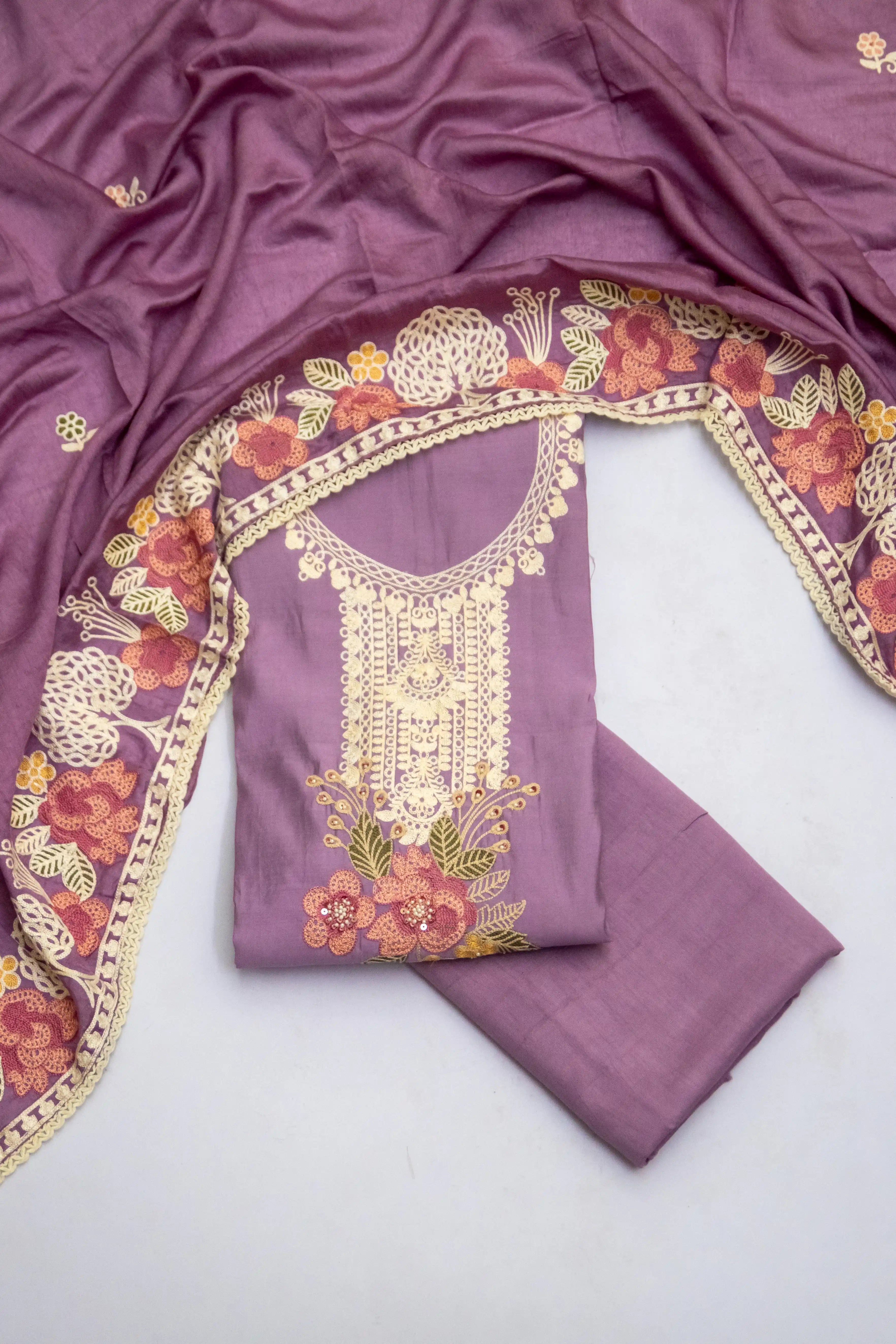 Elegant Mauve Embroidered Cotton dress material