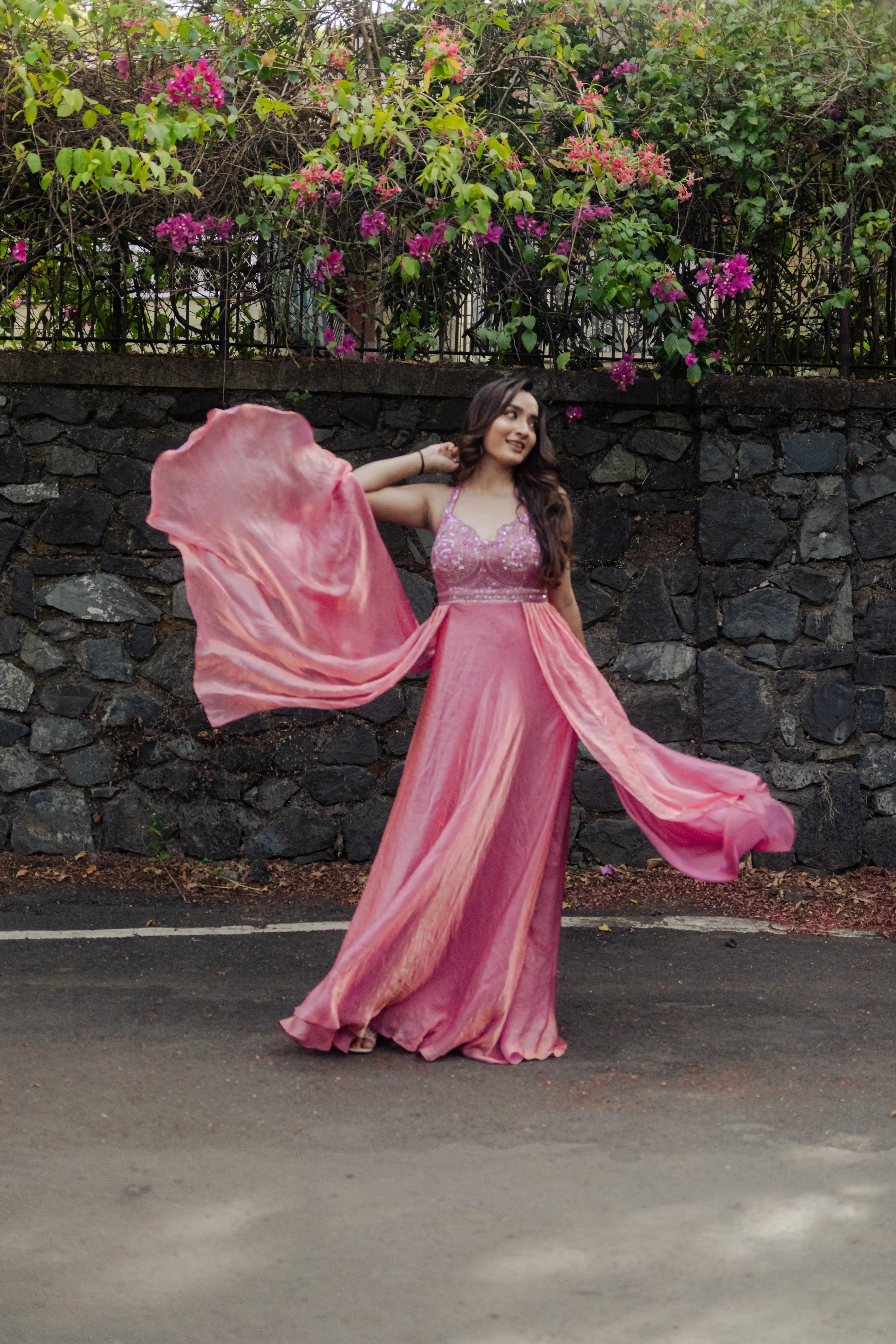 Pink Embroidered Plazo Set with Flowing Cape Dupatta