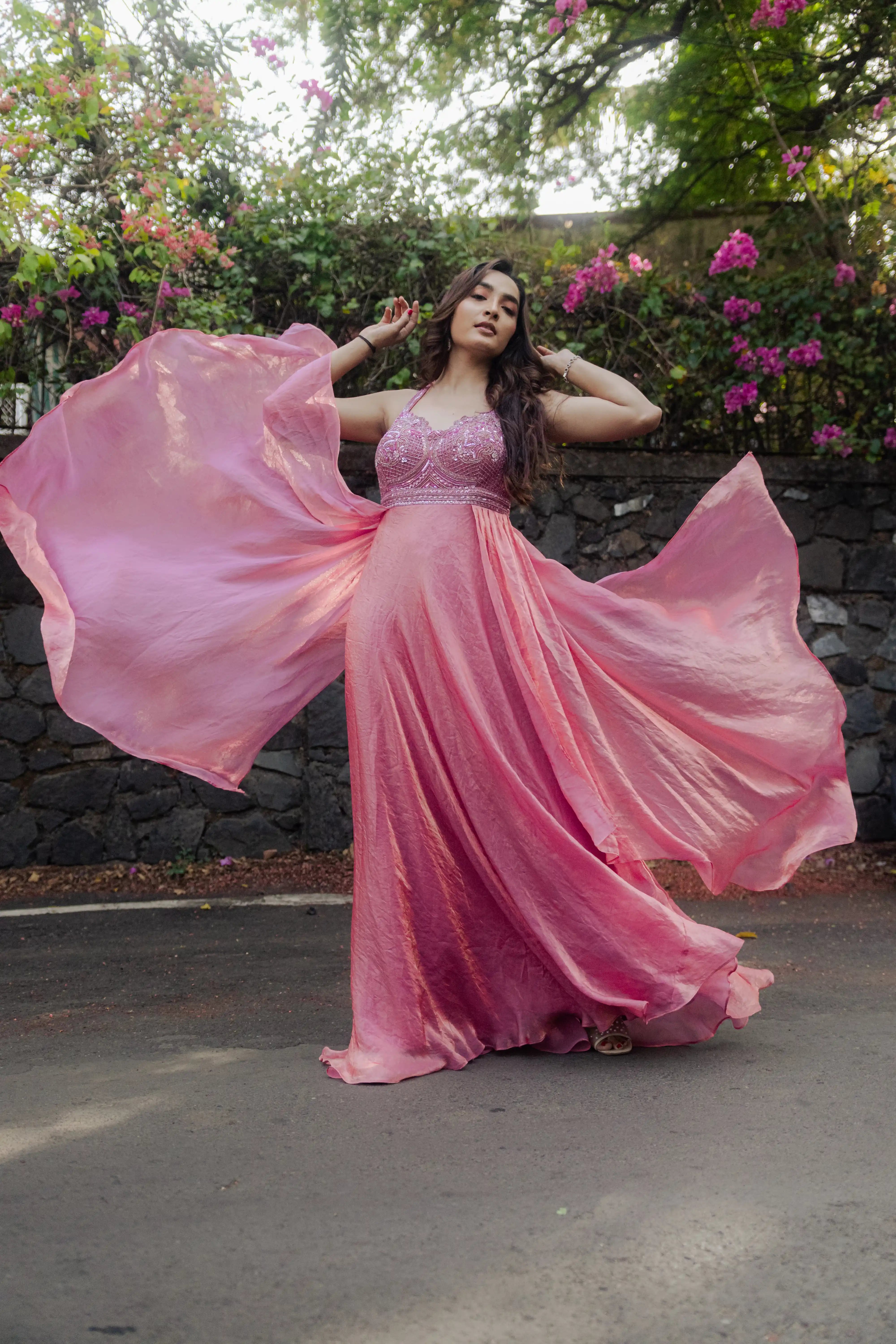 Pink Embroidered Plazo Set with Flowing Cape Dupatta