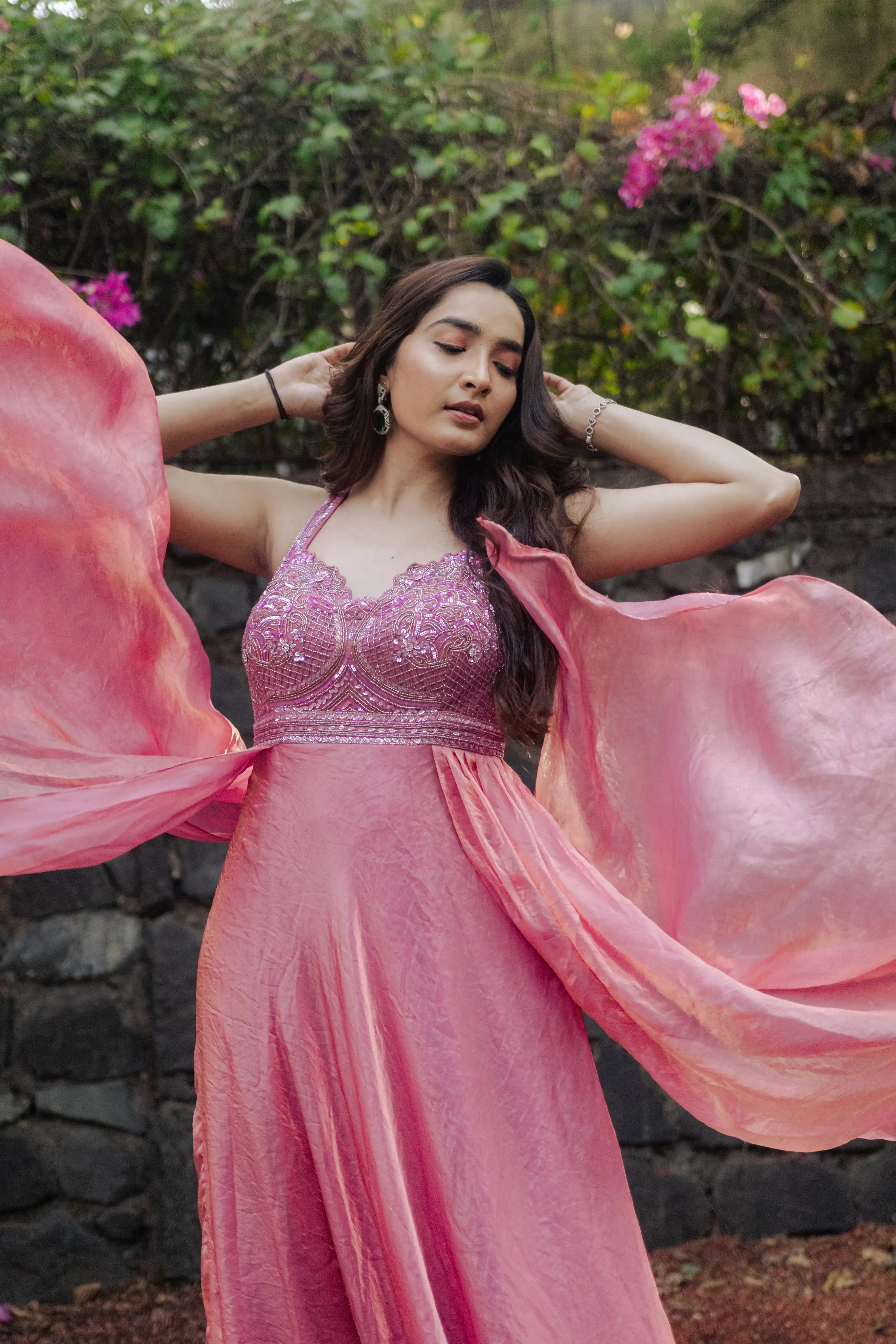 Pink Embroidered Plazo Set with Flowing Cape Dupatta