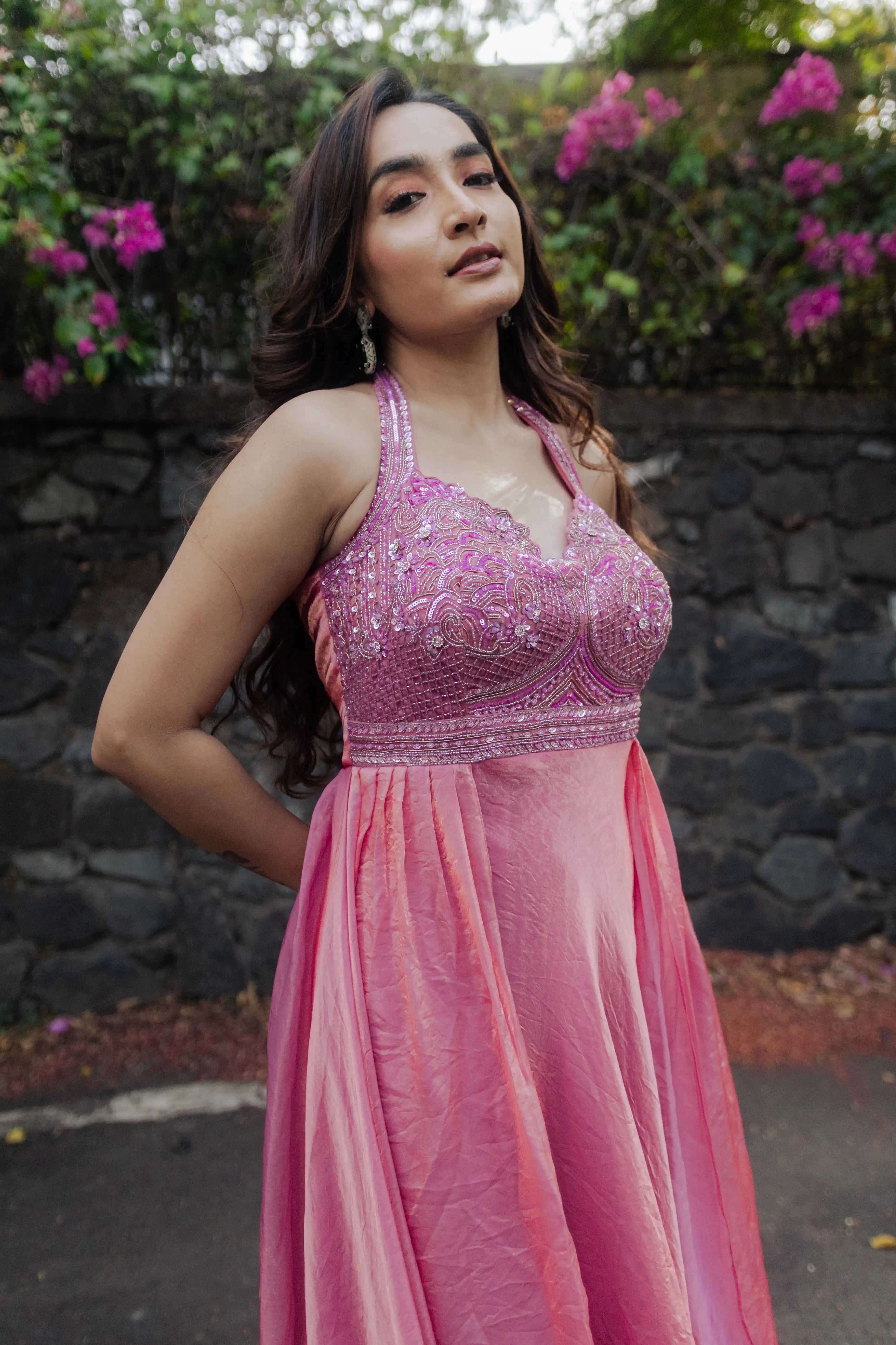 Pink Embroidered Plazo Set with Flowing Cape Dupatta