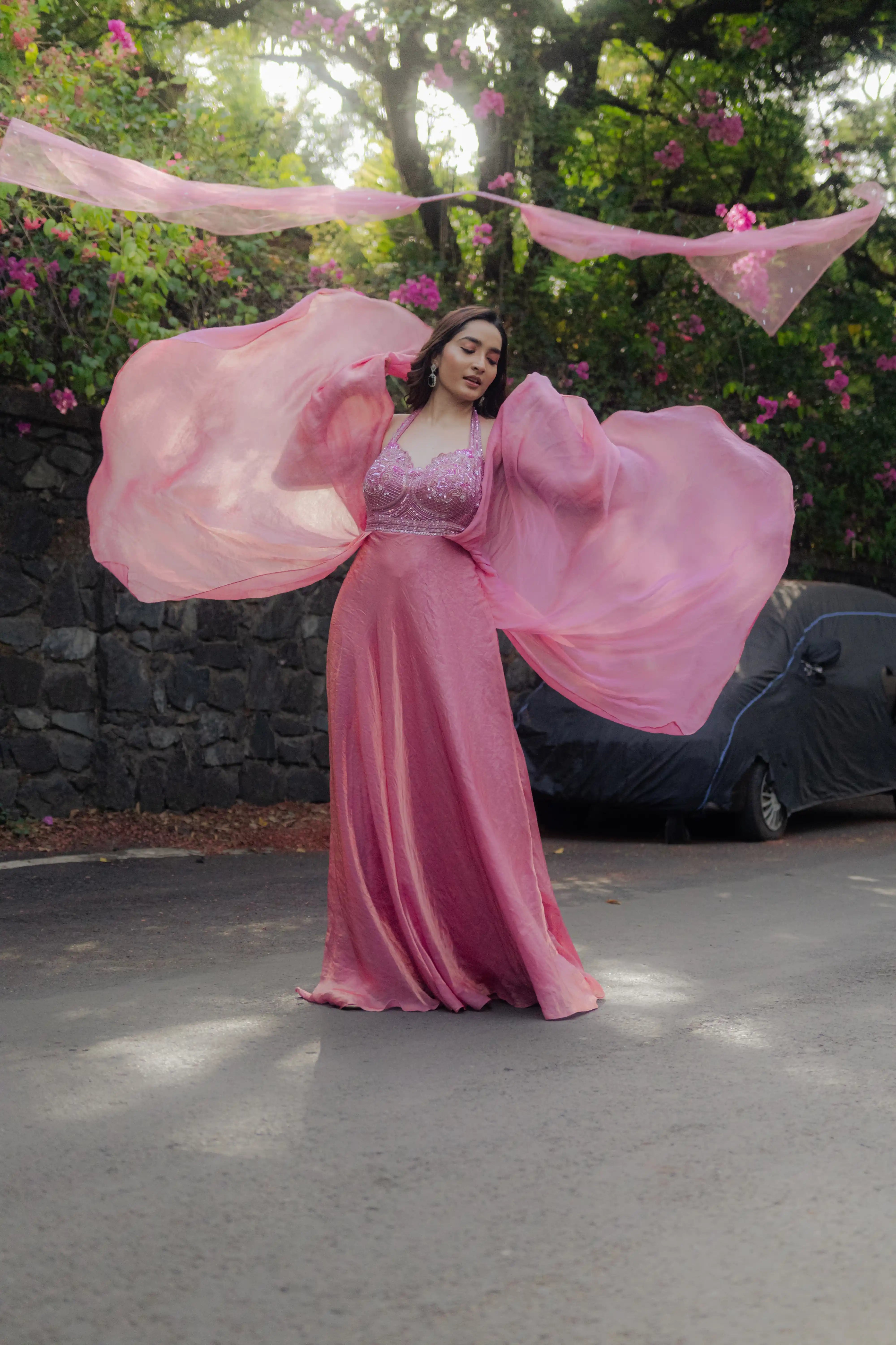 Pink Embroidered Plazo Set with Flowing Cape Dupatta